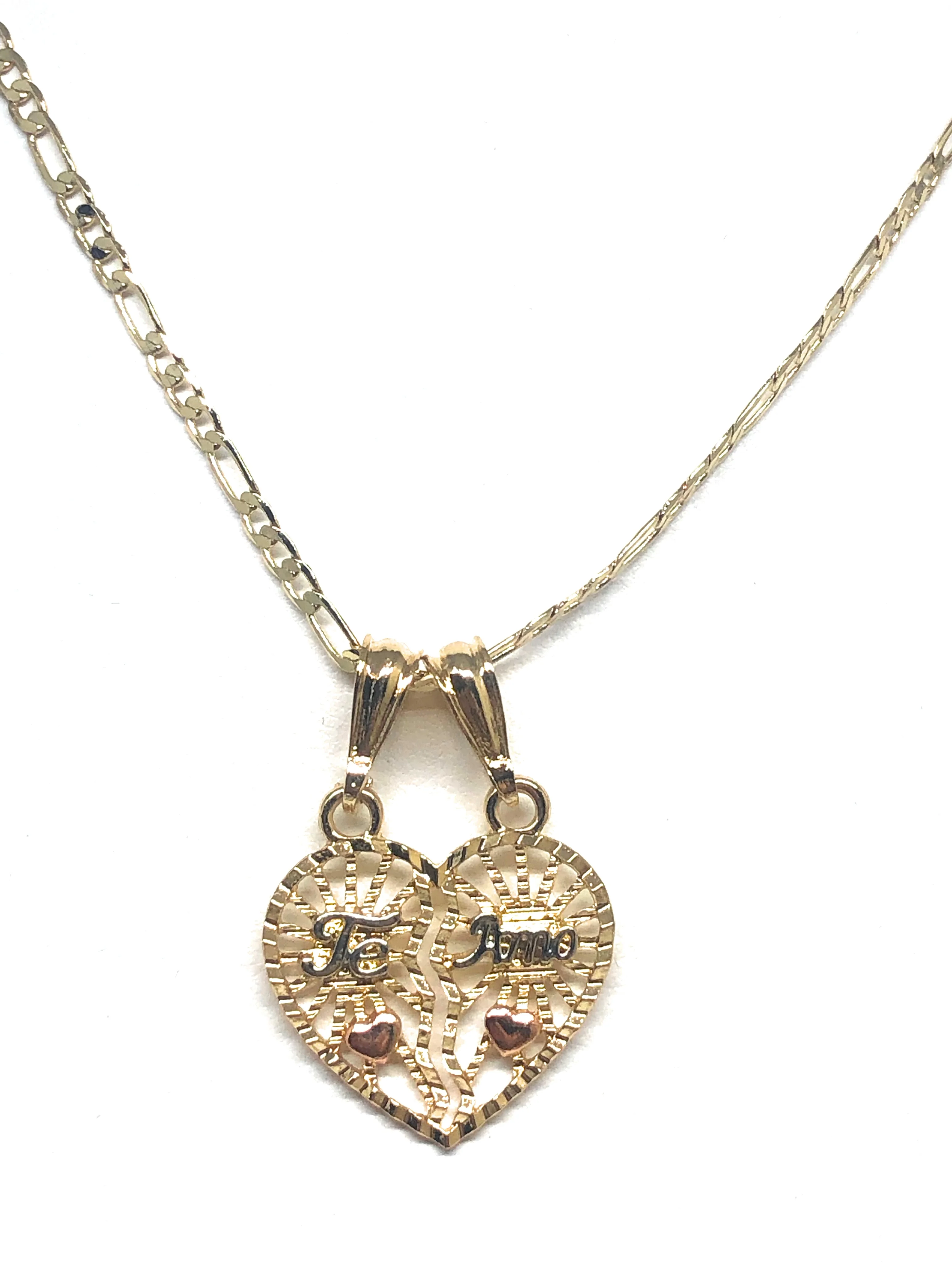 Gold Plated Tri-Color "Te Amo" Flower Heart Split Pendant Necklace 24" - Image 6