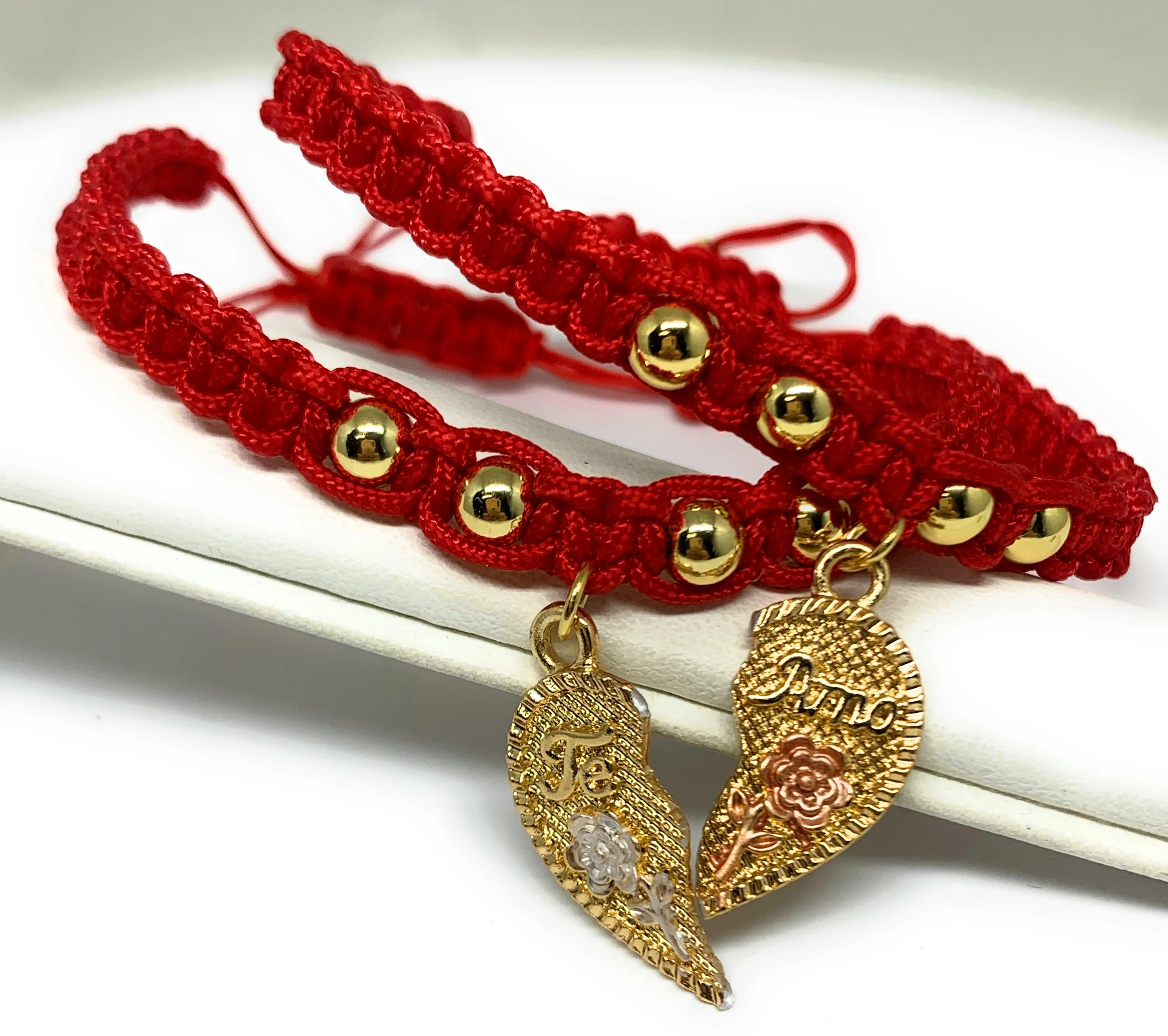 Gold Plated Tri-Color "Te Amo" Heart Flower Split Pendant HAND BRAIDED ADJUSTABLE TWO BRACELET SET 7.5” - Image 2