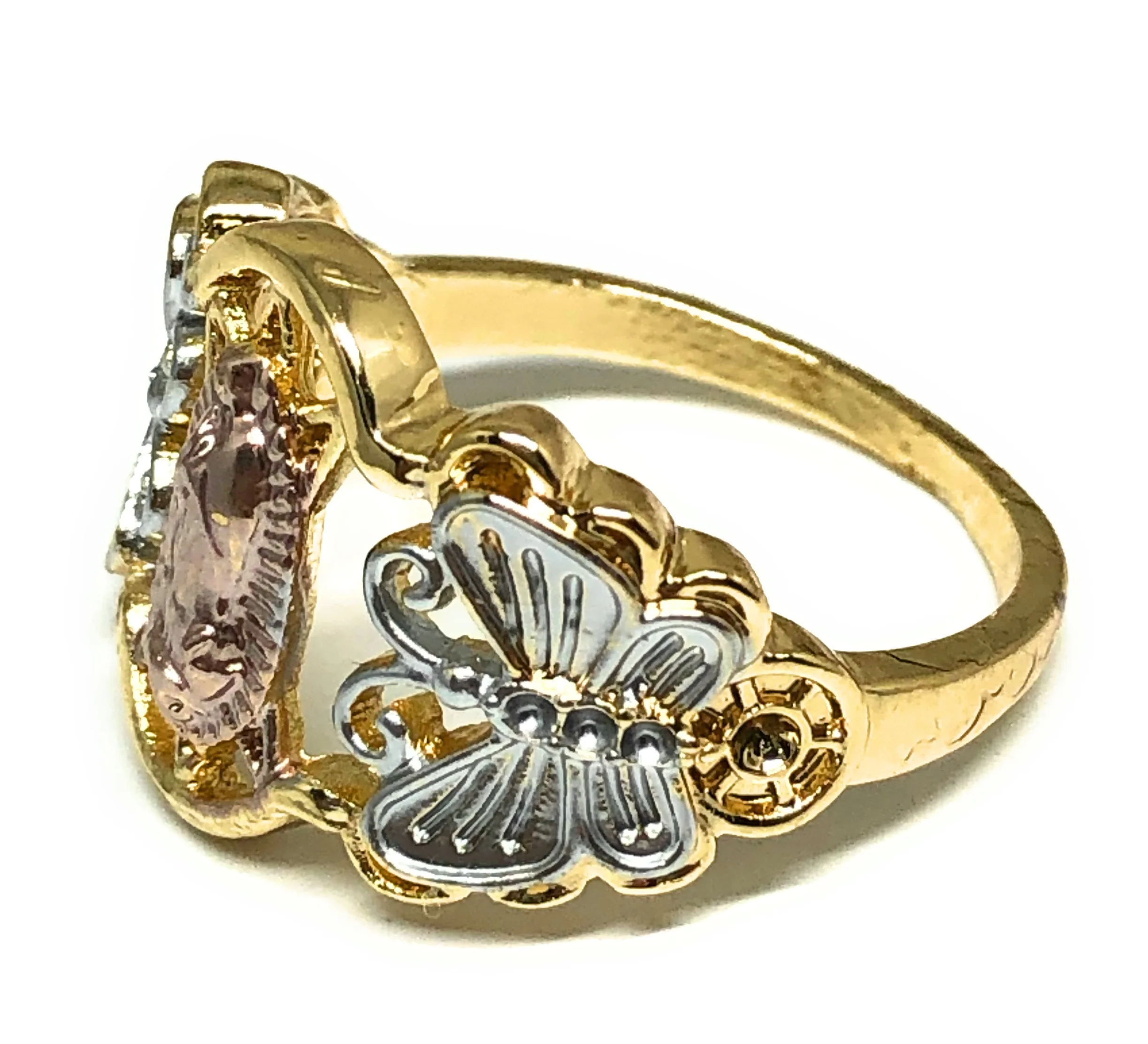 Gold Plated Tri-Color Virgin Mary Butterfly Ring Virgen Guadalupe Anillo - Image 2