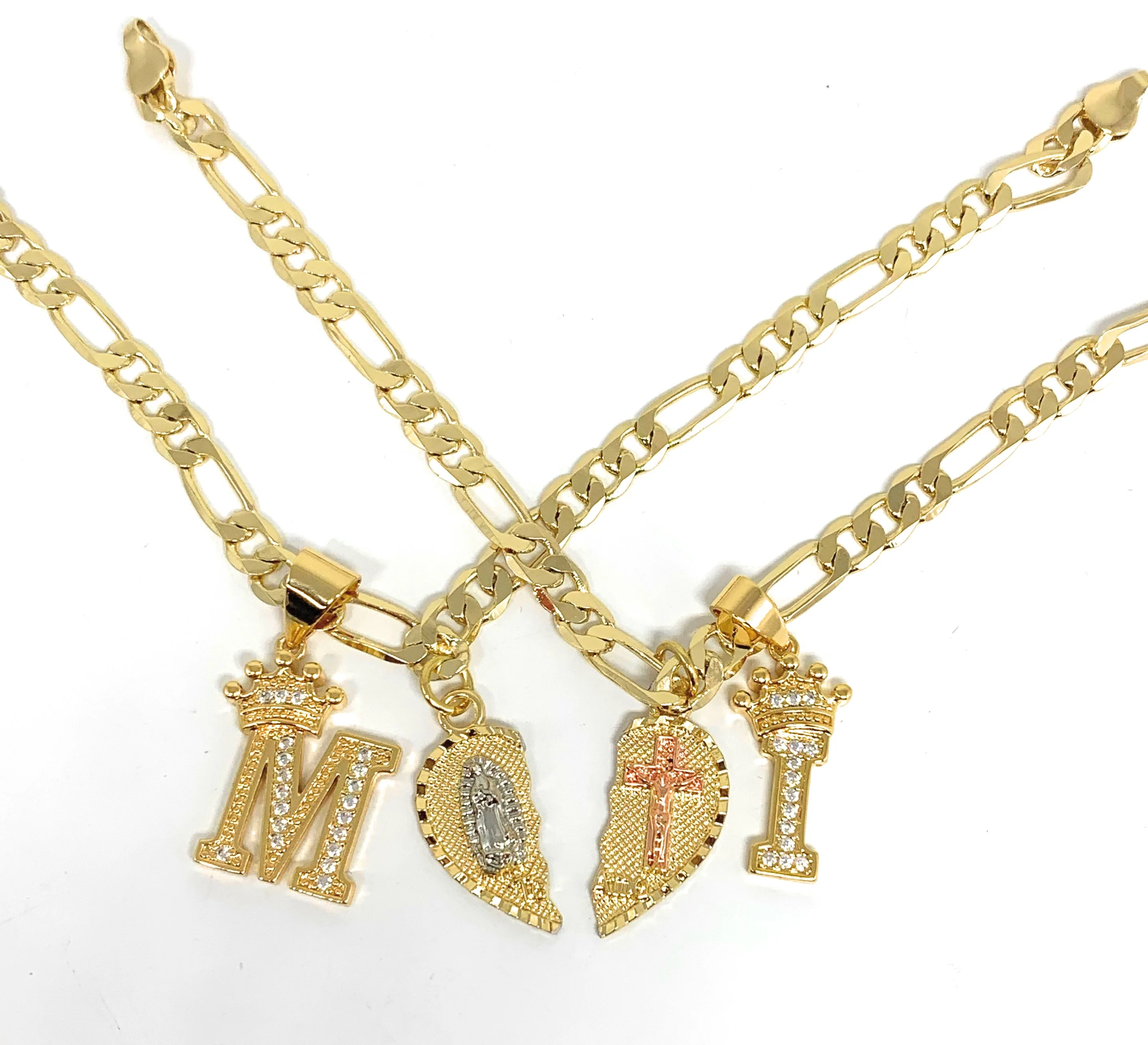 GOLD PLATED TRI-COLOR VIRGIN MARY & CHRIST "TE AMO" HEART SPLIT PENDANT & CROWN INITIAL LETTER TWO BRACELET SET 7.5” - Image 3