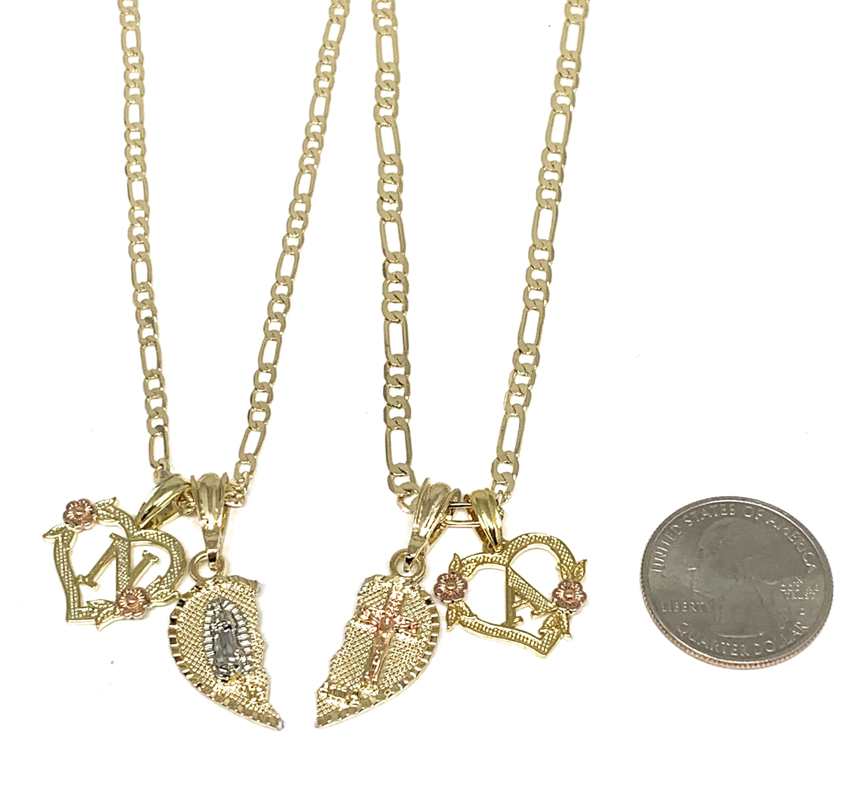 GOLD PLATED TRI-COLOR VIRGIN MARY & CHRIST "TE AMO" HEART SPLIT PENDANT & HEART INITIAL LETTER TWO NECKLACE SET 24" - Image 2