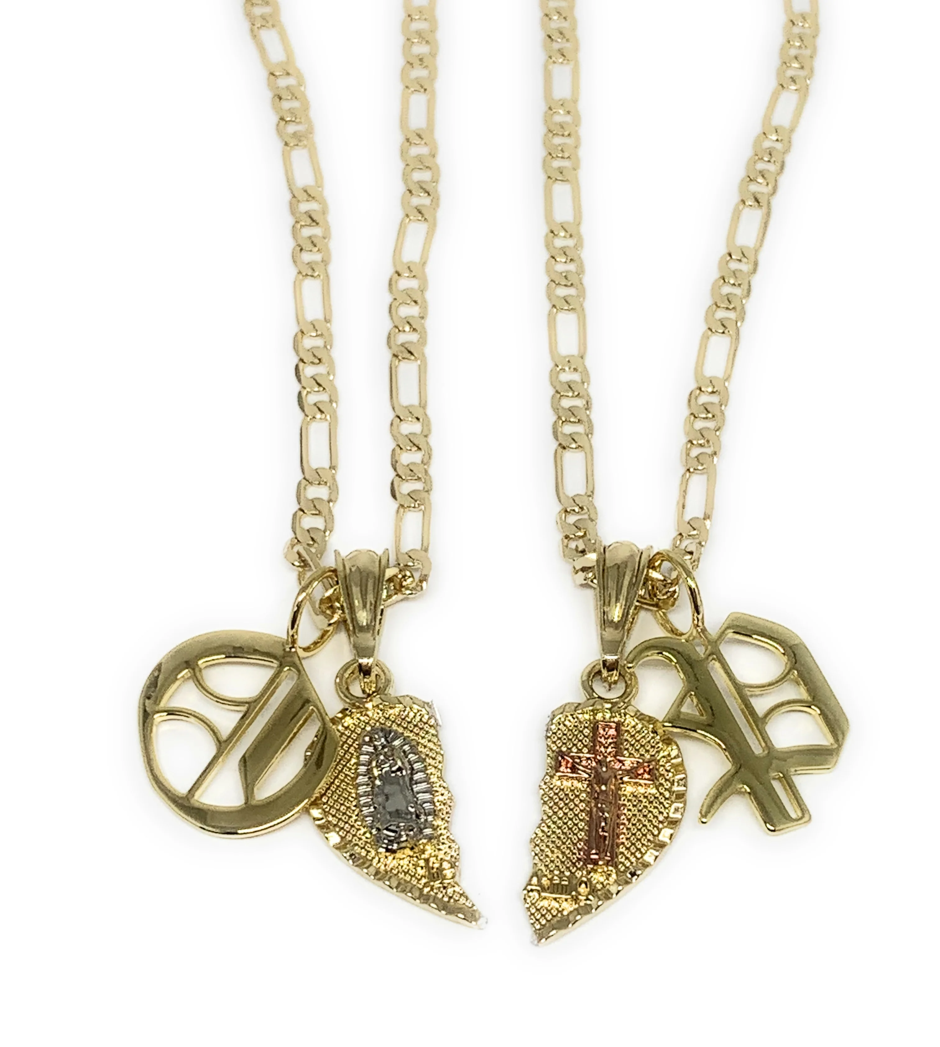 GOLD PLATED TRI-COLOR VIRGIN MARY & CHRIST "TE AMO" HEART SPLIT PENDANT & OLD ENGLISH INITIAL LETTER TWO NECKLACE SET 24" - Image 3