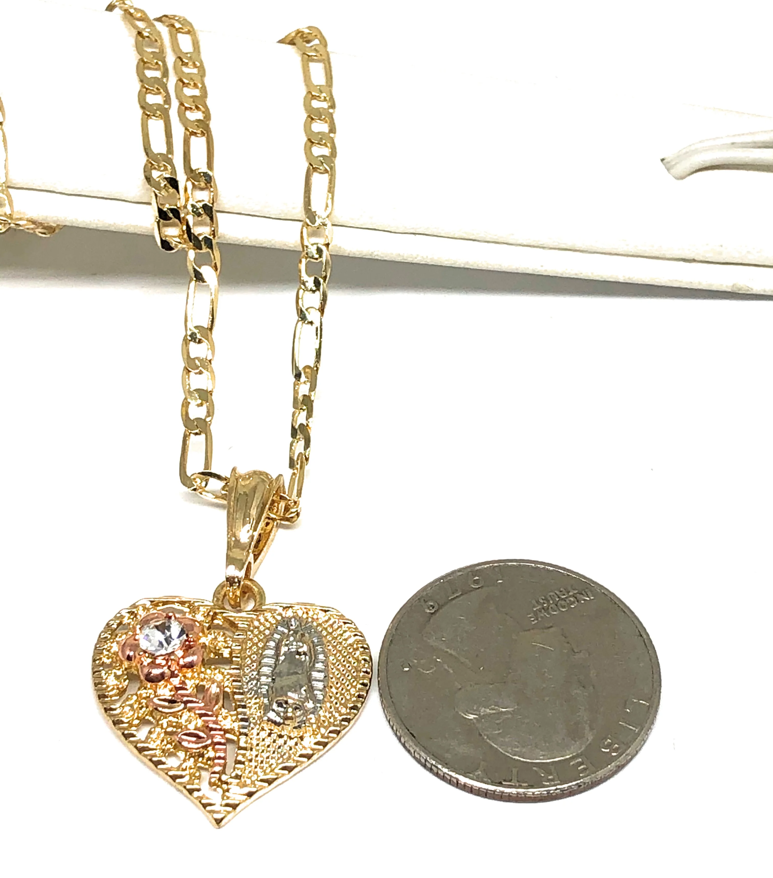Gold Plated Tri-Color Virgin Mary CZ Heart Flower Pendant Necklace Figaro 24" Virgen de Guadalupe Medalla - Image 2
