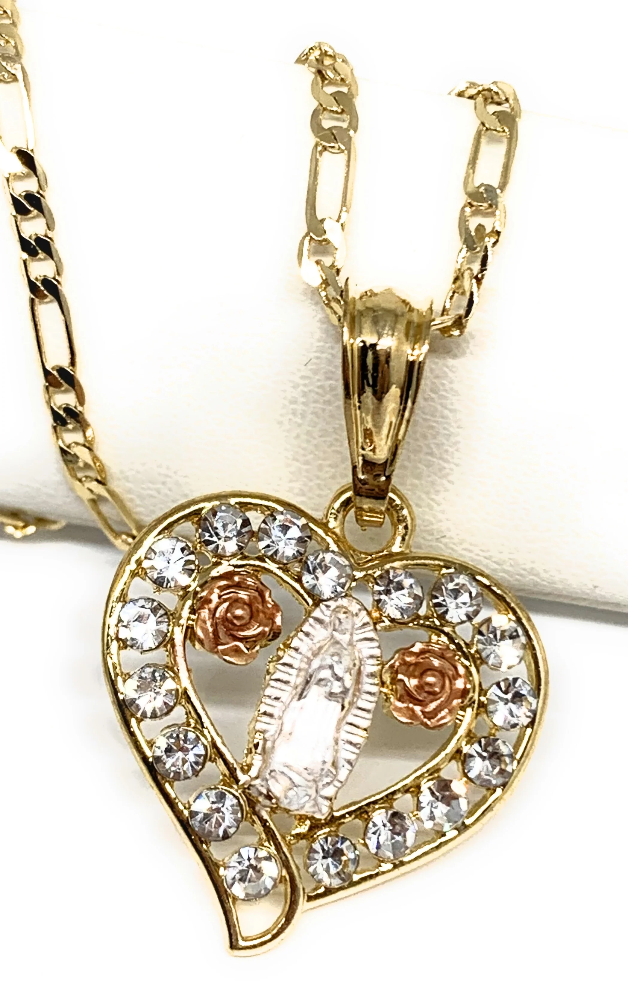Gold Plated Tri-Color Virgin Mary CZ Heart Pendant Necklace Figaro 24" Virgen de Guadalupe Medalla