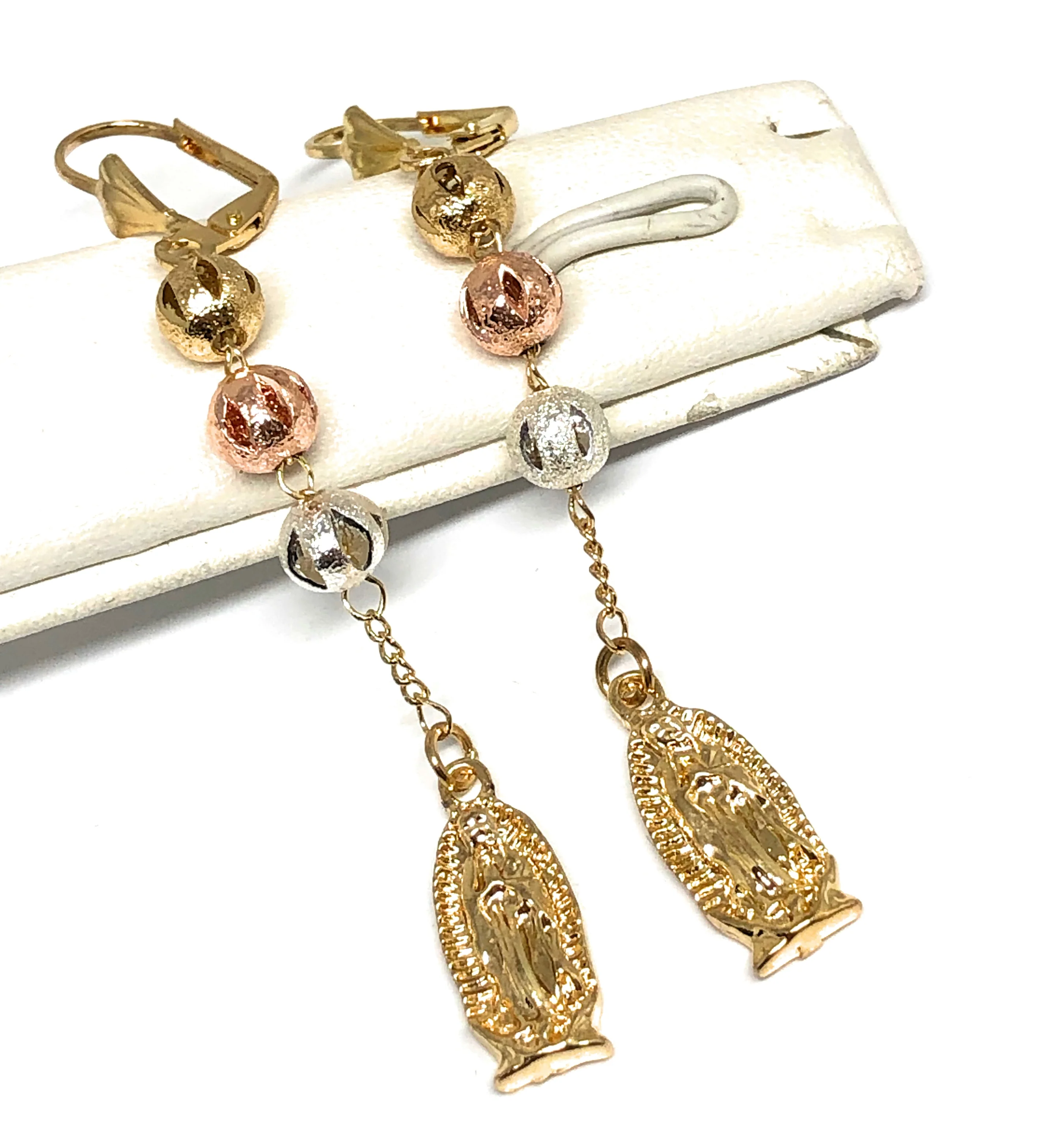 Gold Plated Tri Color Virgin Mary Dangle Earrings Aretes Virgen De Guadalupe - Image 2