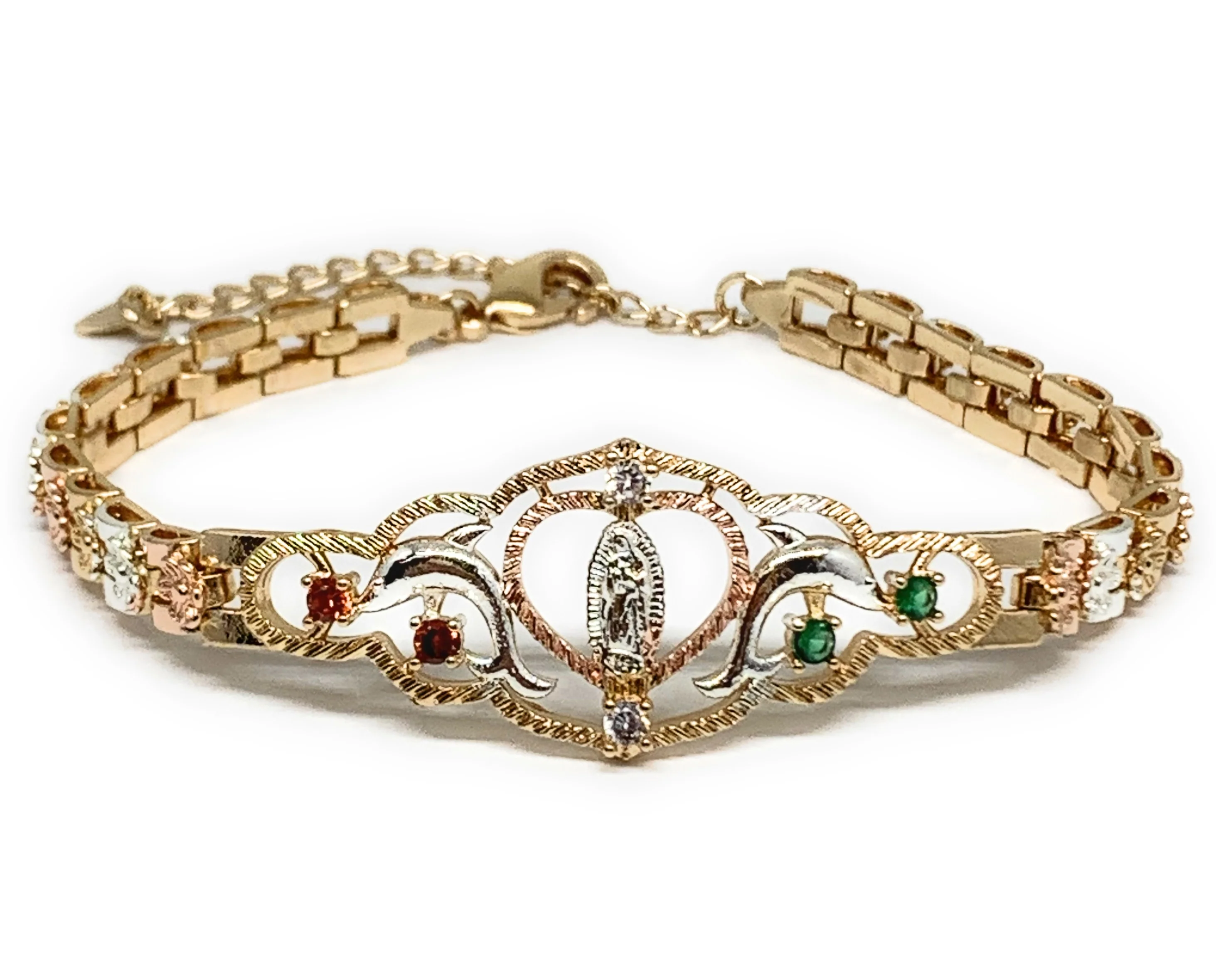 Gold Plated Tri-Color Virgin Mary Dolphin Heart Bracelet Virgen De Guadalupe Pulsera  8" - Image 2