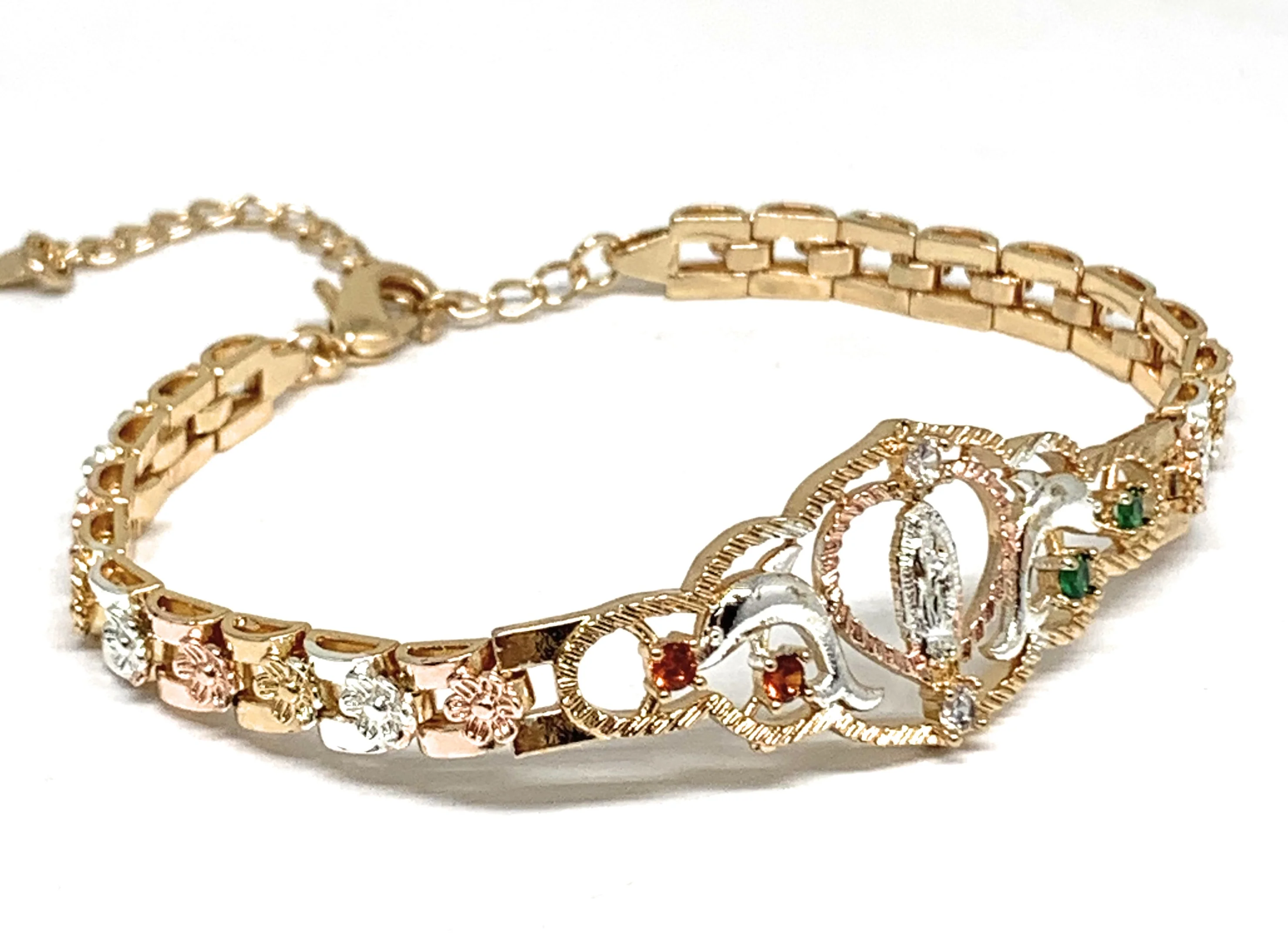 Gold Plated Tri-Color Virgin Mary Dolphin Heart Bracelet Virgen De Guadalupe Pulsera  8" - Image 3