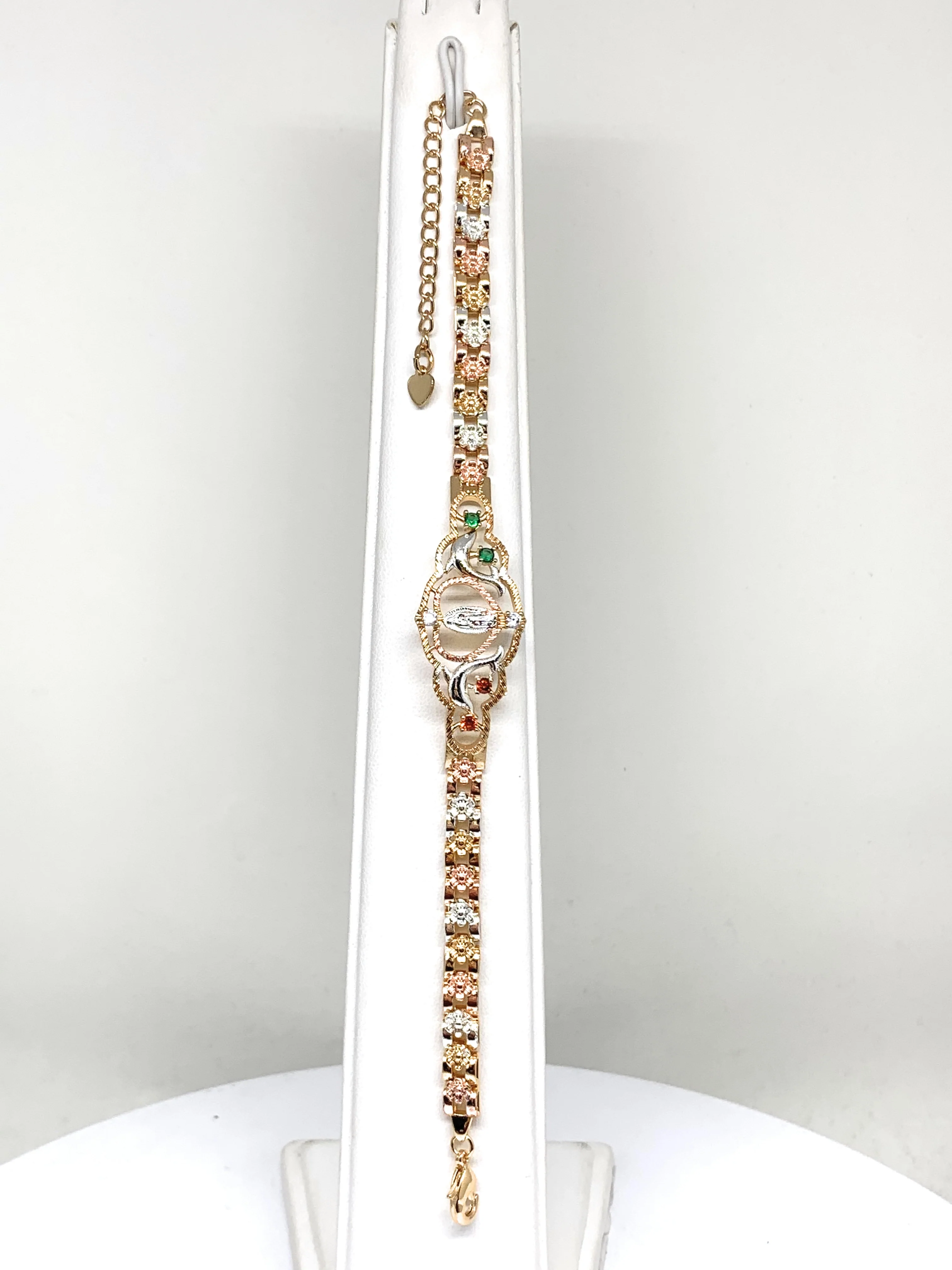 Gold Plated Tri-Color Virgin Mary Dolphin Heart Bracelet Virgen De Guadalupe Pulsera  8" - Image 4
