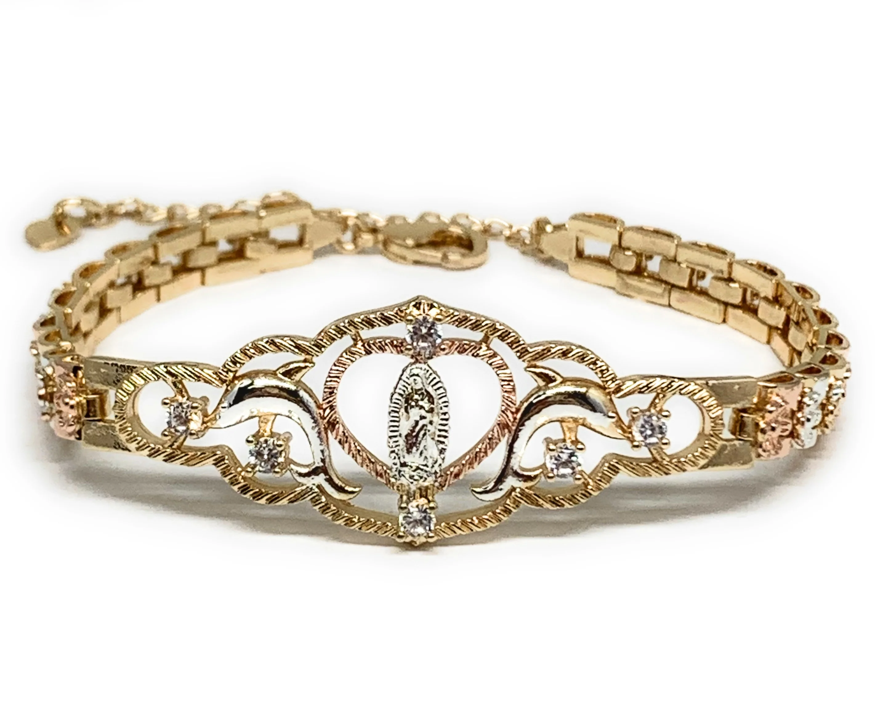 Gold Plated Tri-Color Virgin Mary Dolphin Heart Bracelet Virgen De Guadalupe Pulsera  8" - Image 5