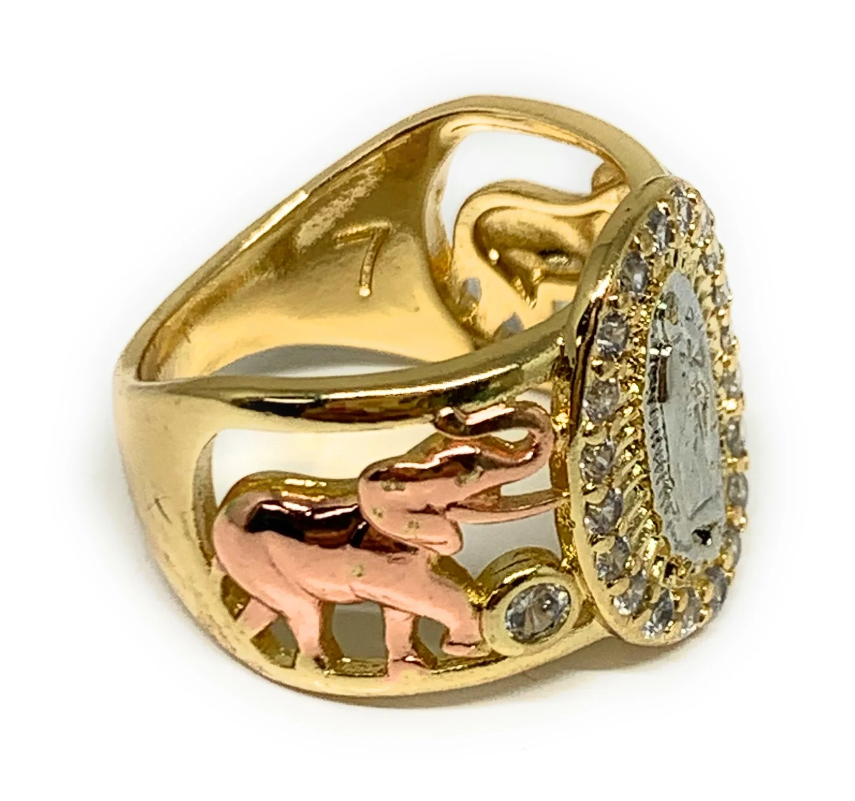 Gold Plated Tri-Color Virgin Mary Elephant CZ Ring Virgen De Guadalupe Anillo - Image 2