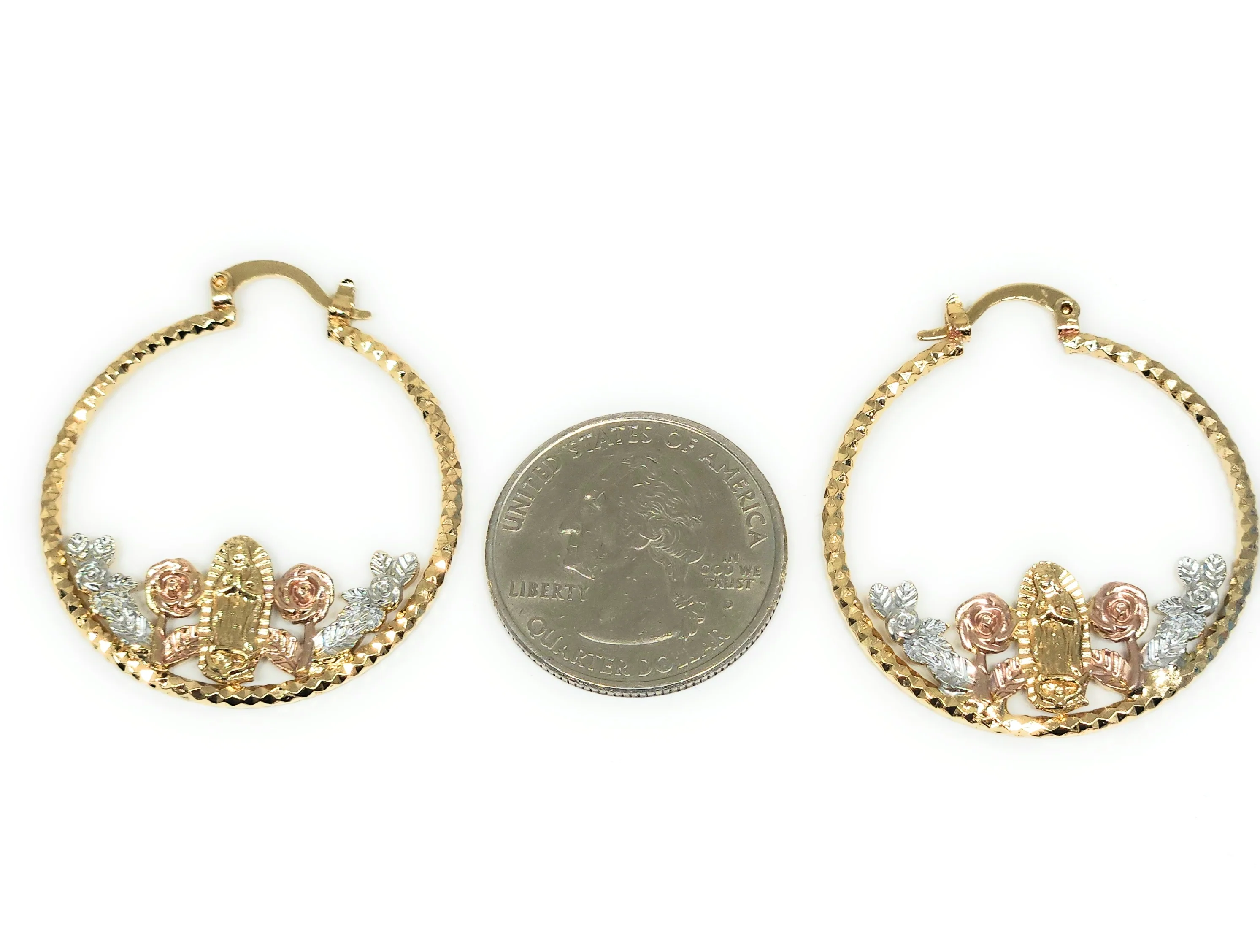 Gold Plated Tri Color Virgin Mary Flower Hoop 1 INCH Earrings Virgen Guadalupe Aretes Arracadas - Image 2