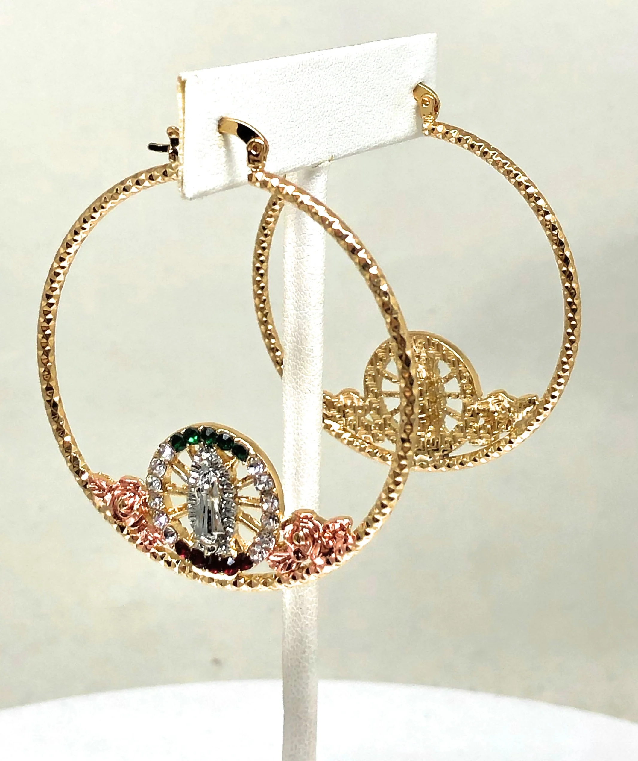 Gold Plated Tri Color Virgin Mary Flower Hoop Earrings Virgen Guadalupe Aretes Arracadas - Image 4