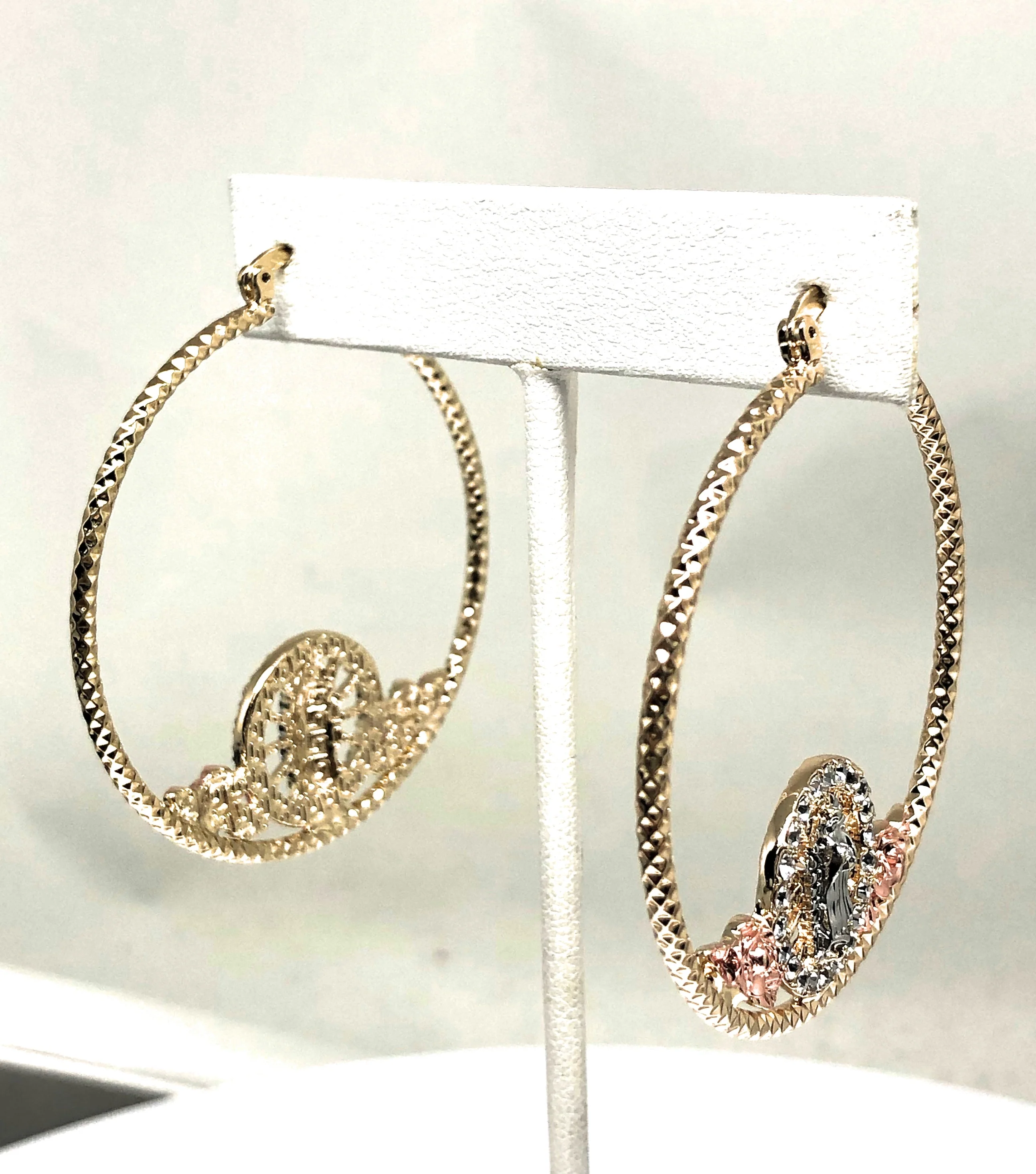 Gold Plated Tri Color Virgin Mary Flower Hoop Earrings Virgen Guadalupe Aretes Arracadas - Image 4