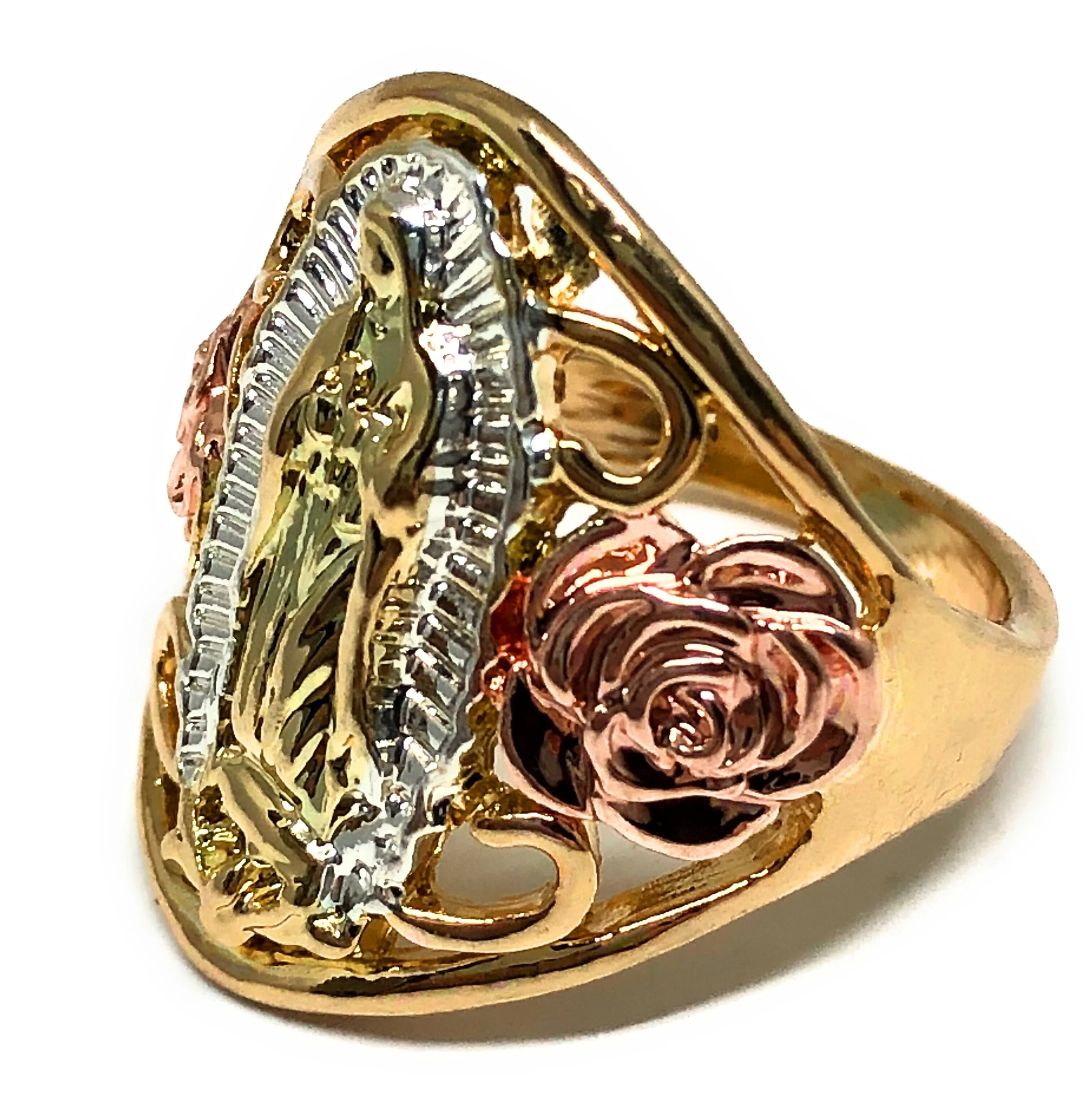 Gold Plated tri-color Virgin Mary Flower Ring Virgen De Guadalupe Anillo Flores - Image 3
