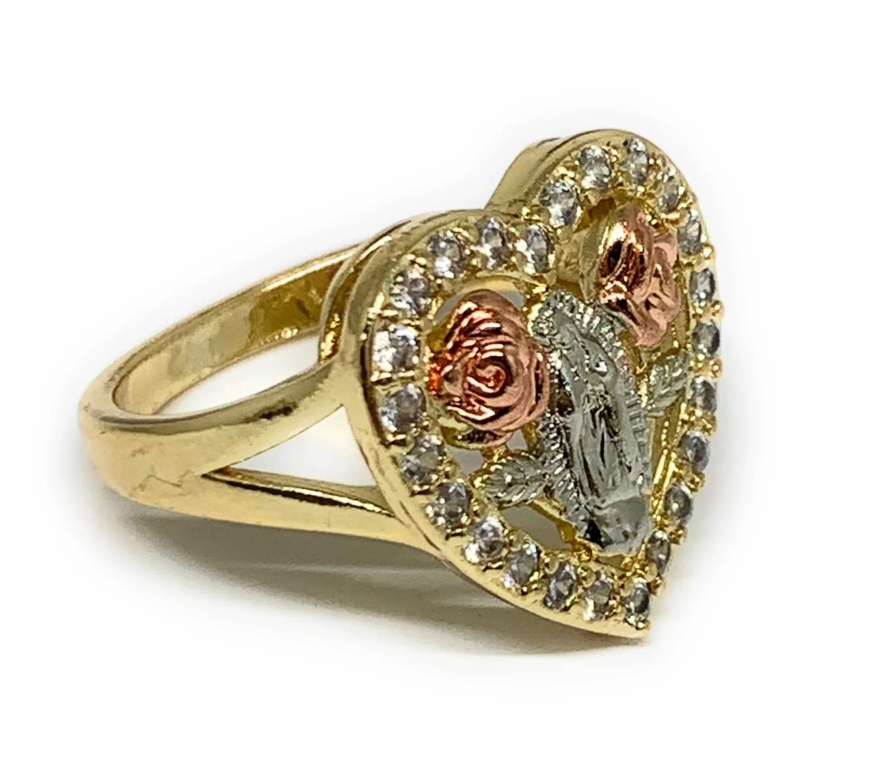 Gold Plated Tri-Color Virgin Mary Heart Flower CZ Ring Virgen De Guadalupe Anillo Corazón - Image 2