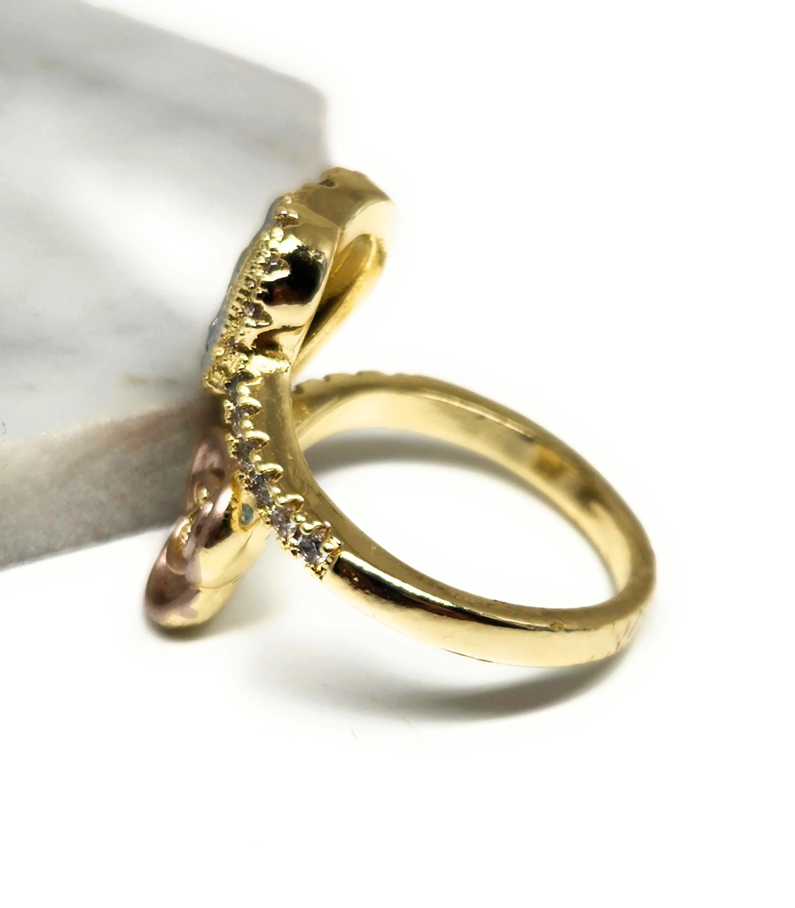 Gold Plated Tri-Color Virgin Mary HEART & FLOWER CZ Ring Virgen Guadalupe Anillo Adjustable - Image 2