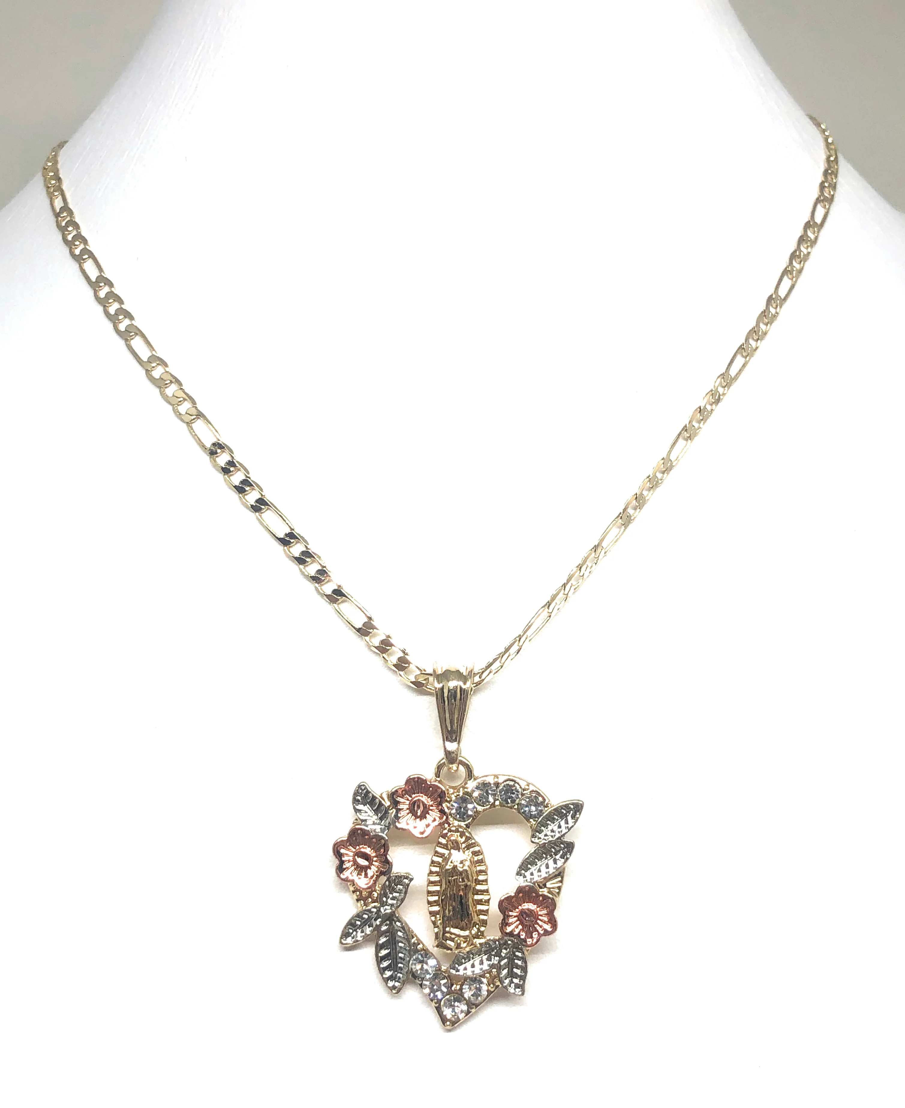 Gold Plated Tri-Color Virgin Mary Heart Flower Pendant Necklace Figaro 24" Virgen de Guadalupe Medalla - Image 3