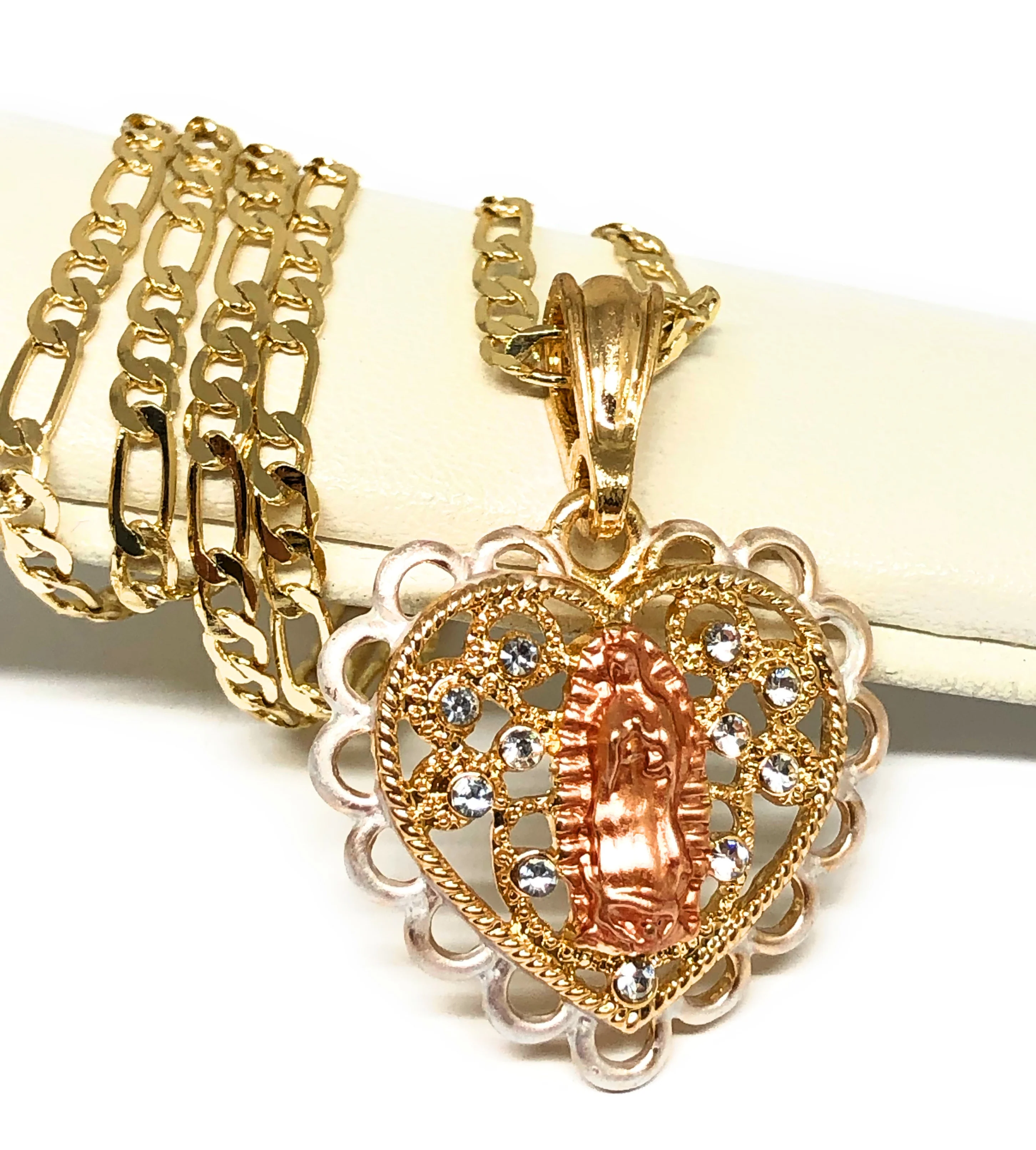 Gold Plated Tri-Color Virgin Mary Heart Pendant Necklace Figaro 24" Virgen de Guadalupe Medalla