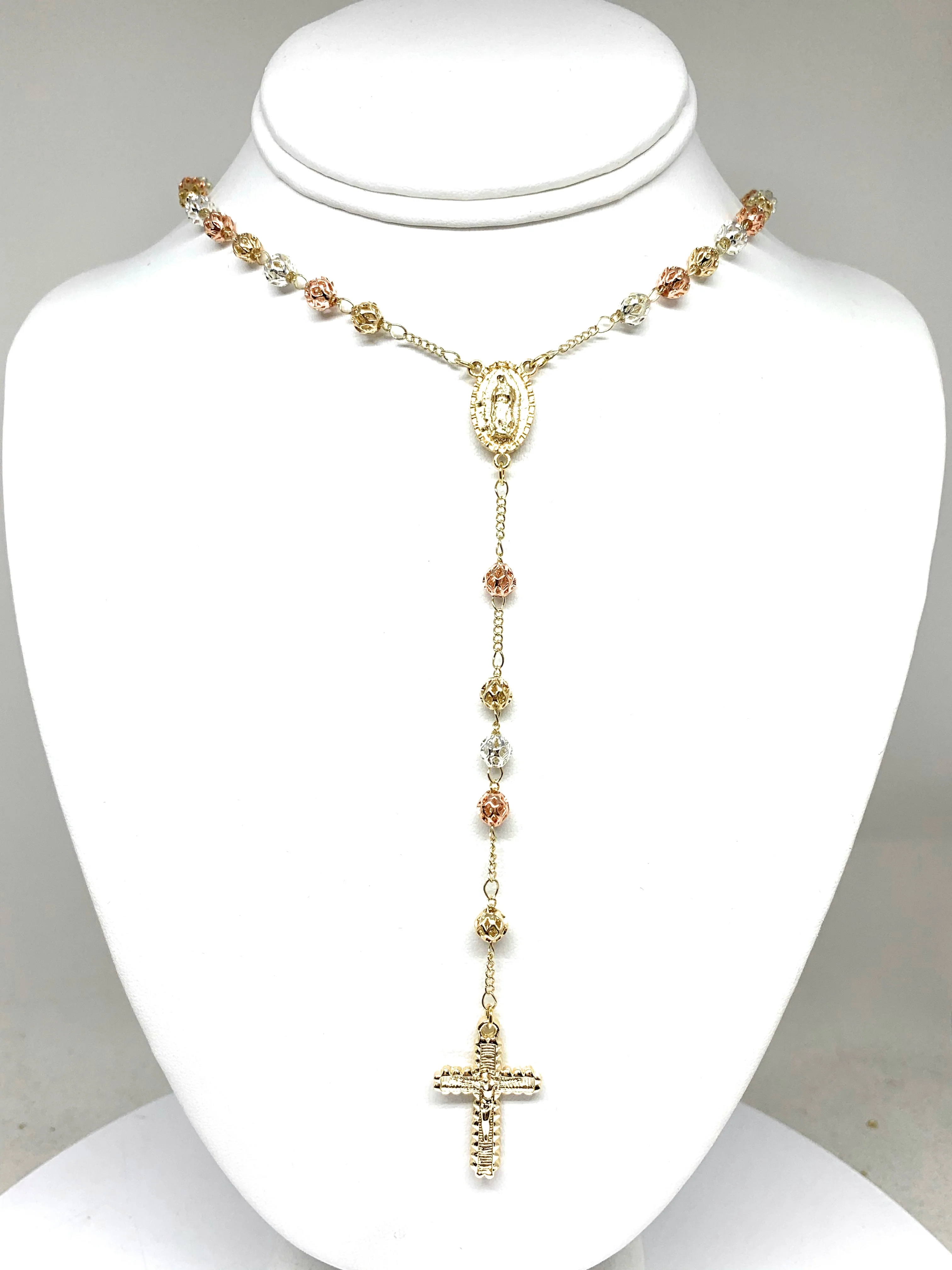 Gold Plated Tri-Color Virgin Mary Rosary Necklace Virgen Guadalupe Rosario Crucifijo Tres Colores 26” - Image 3