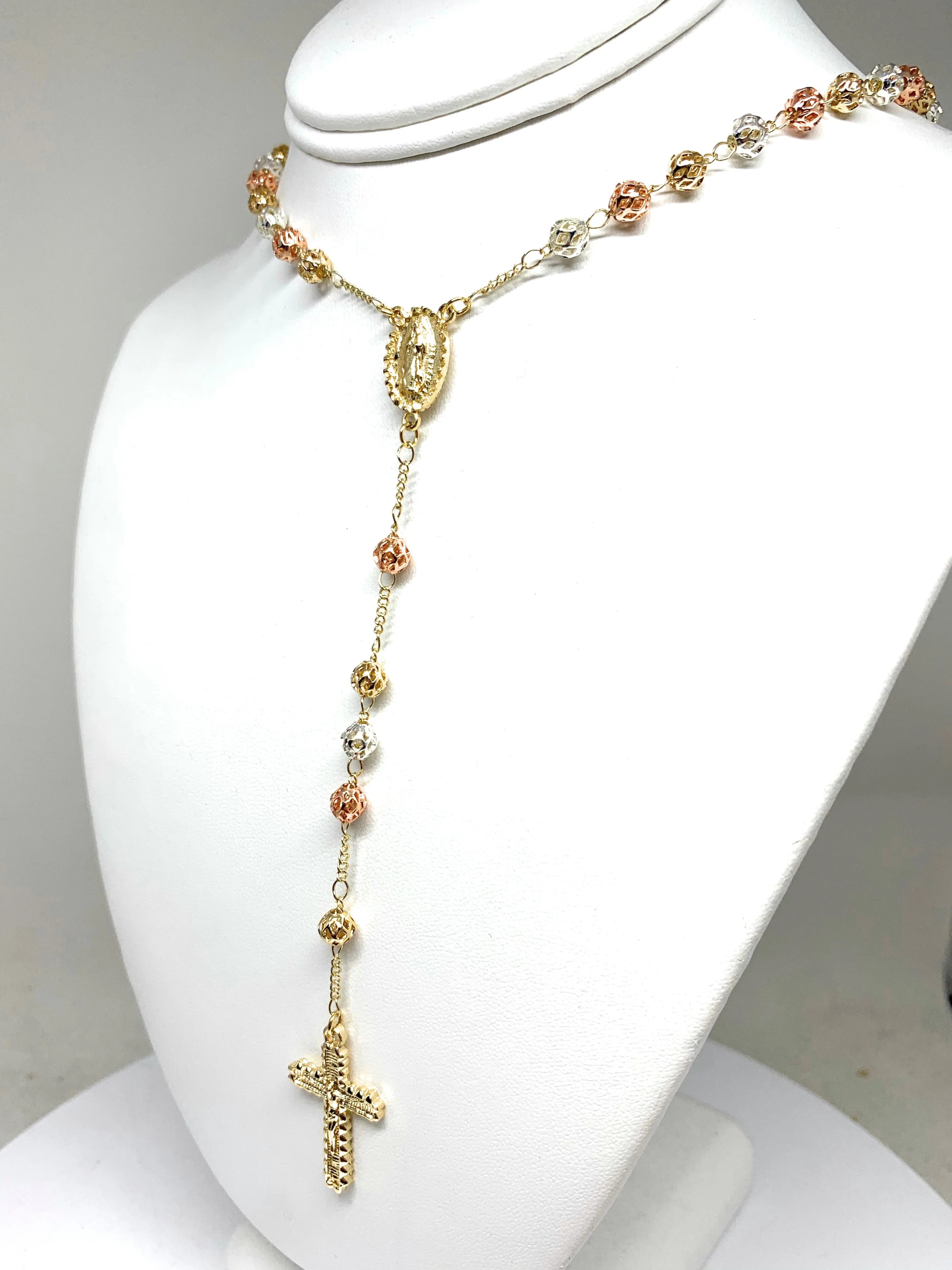 Gold Plated Tri-Color Virgin Mary Rosary Necklace Virgen Guadalupe Rosario Crucifijo Tres Colores 26” - Image 5