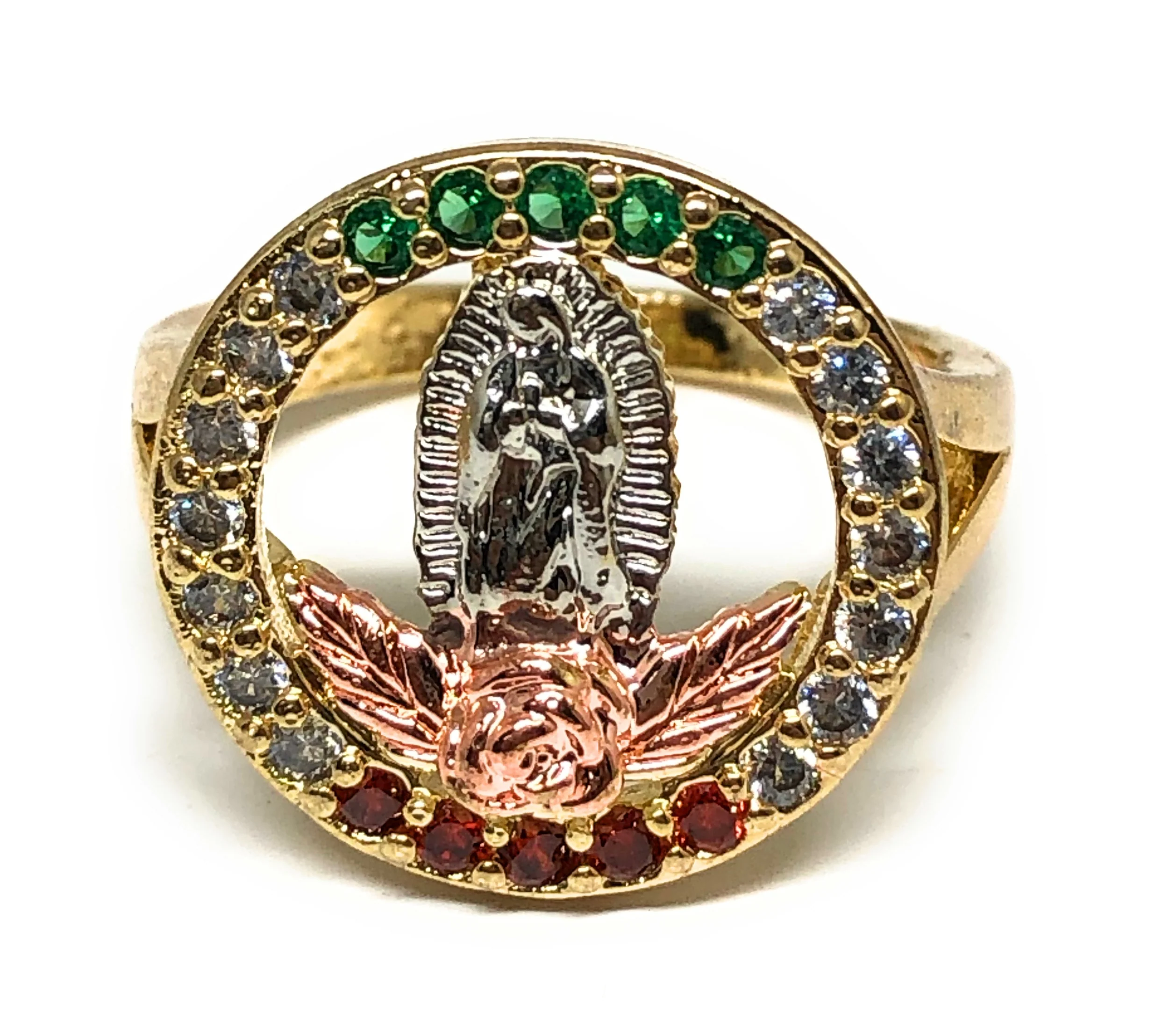 Gold Plated Tri-Color Virgin Mary Round Flower CZ Ring Virgen De Guadalupe Anillo