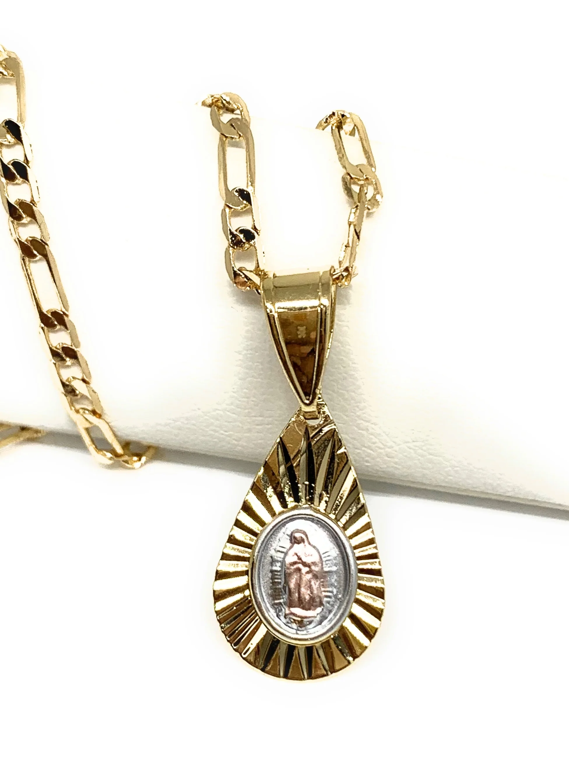 Gold Plated Tri-Color Virgin Mary Teardrop Pendant Necklace Figaro 24" Virgen de Guadalupe Medalla