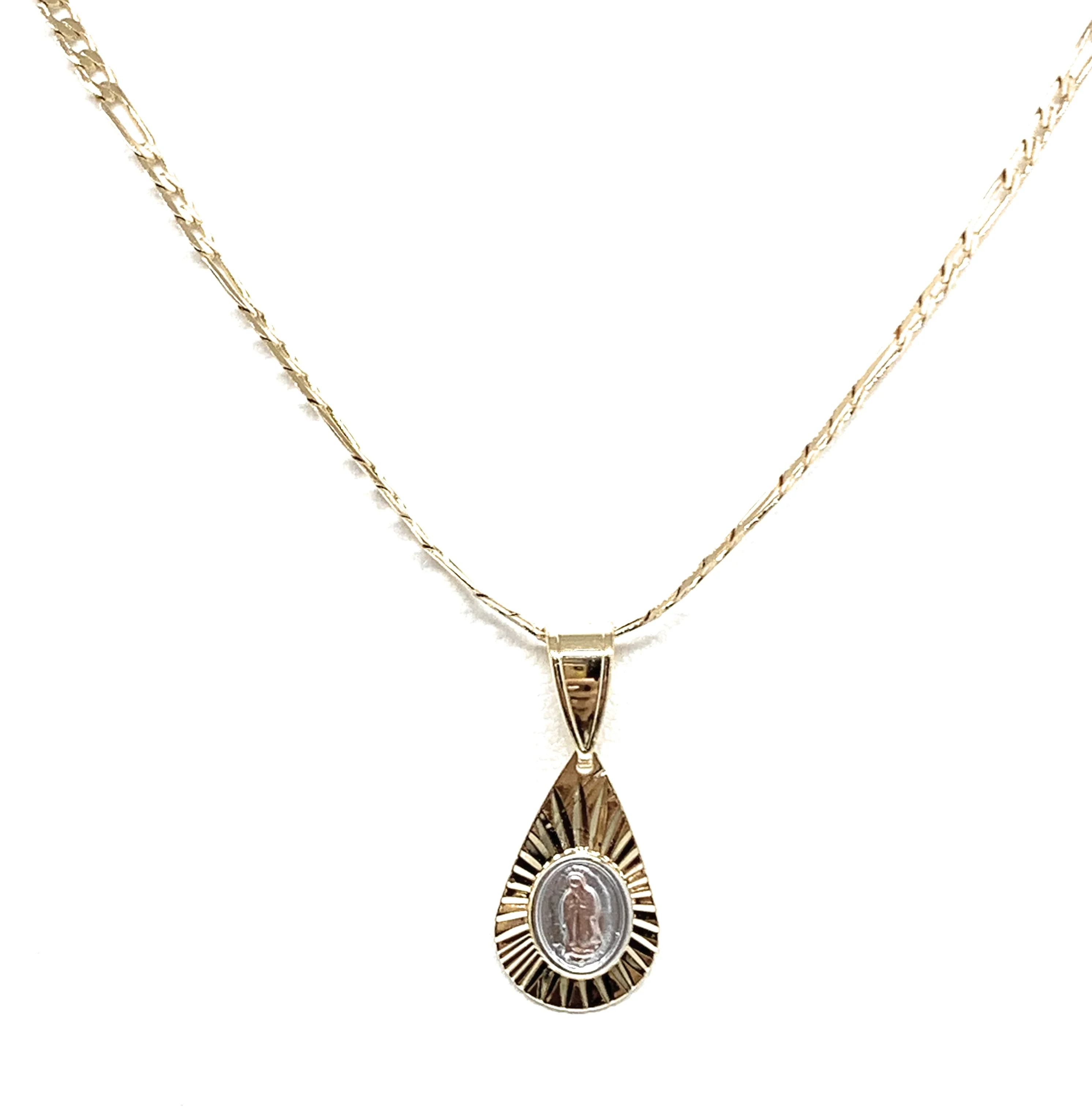 Gold Plated Tri-Color Virgin Mary Teardrop Pendant Necklace Figaro 24" Virgen de Guadalupe Medalla - Image 3