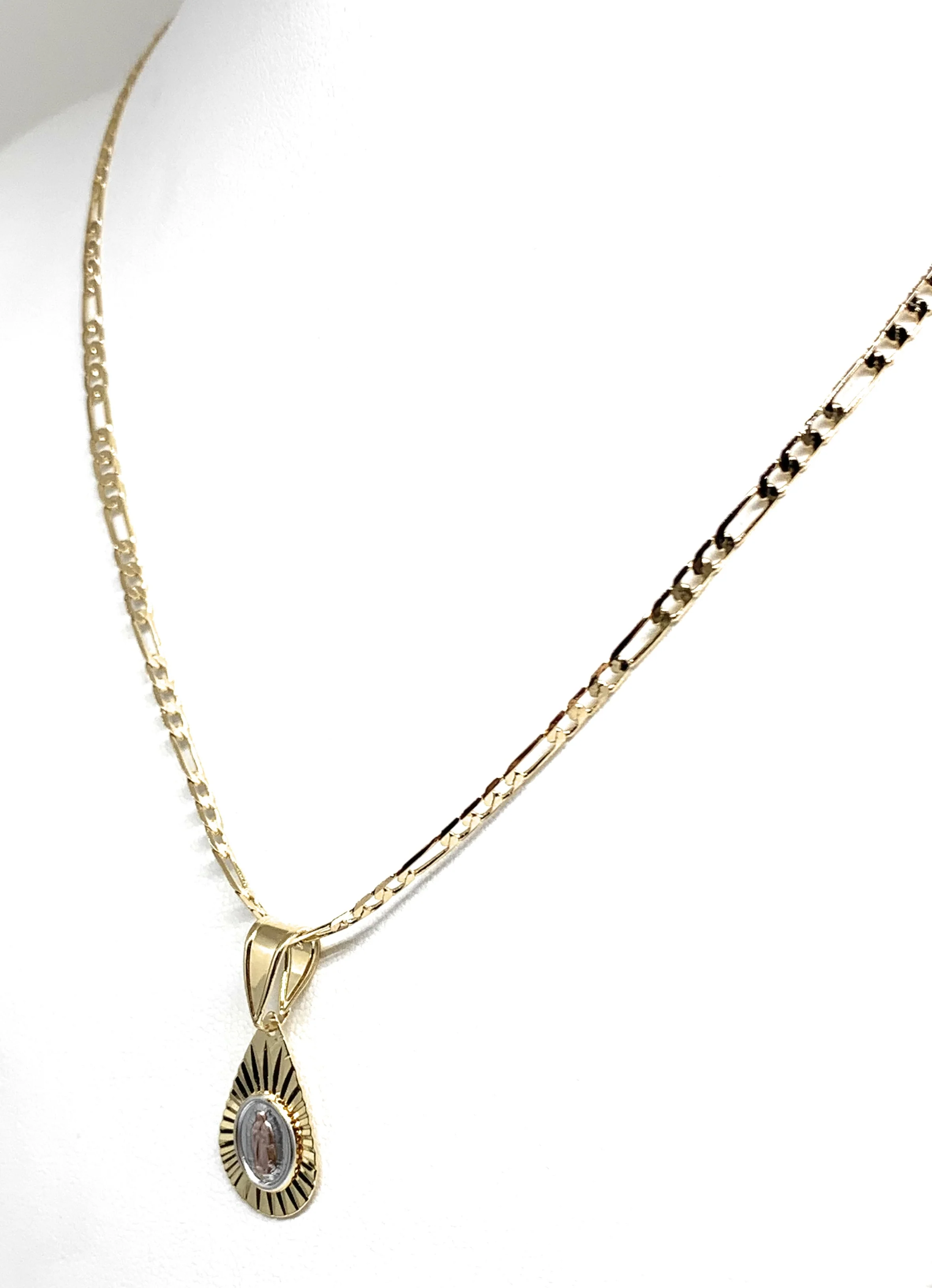 Gold Plated Tri-Color Virgin Mary Teardrop Pendant Necklace Figaro 24" Virgen de Guadalupe Medalla - Image 4