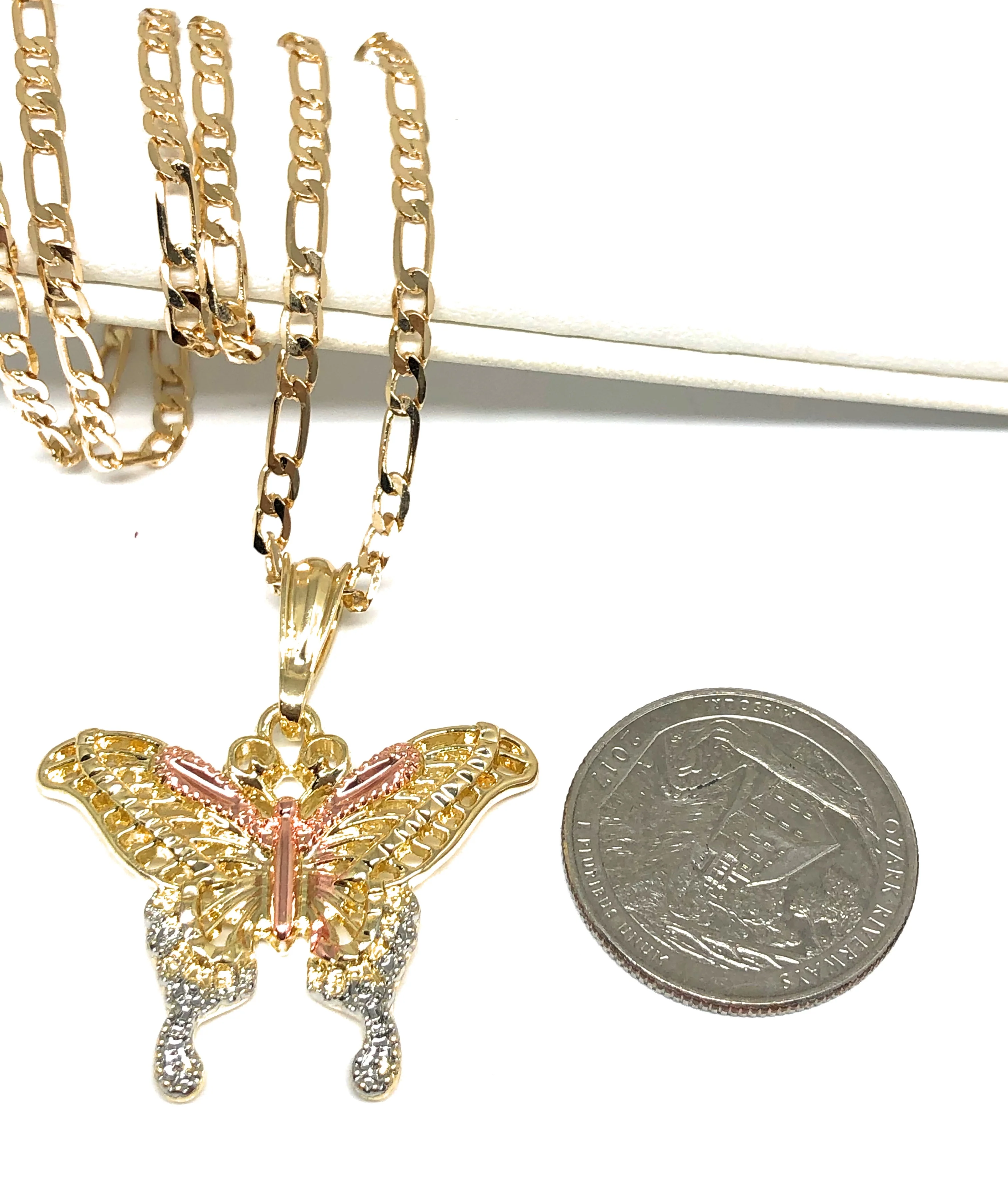 Gold Plated Tri-Color Yellow Butterfly Pendant Necklace Chain 24” - Image 2