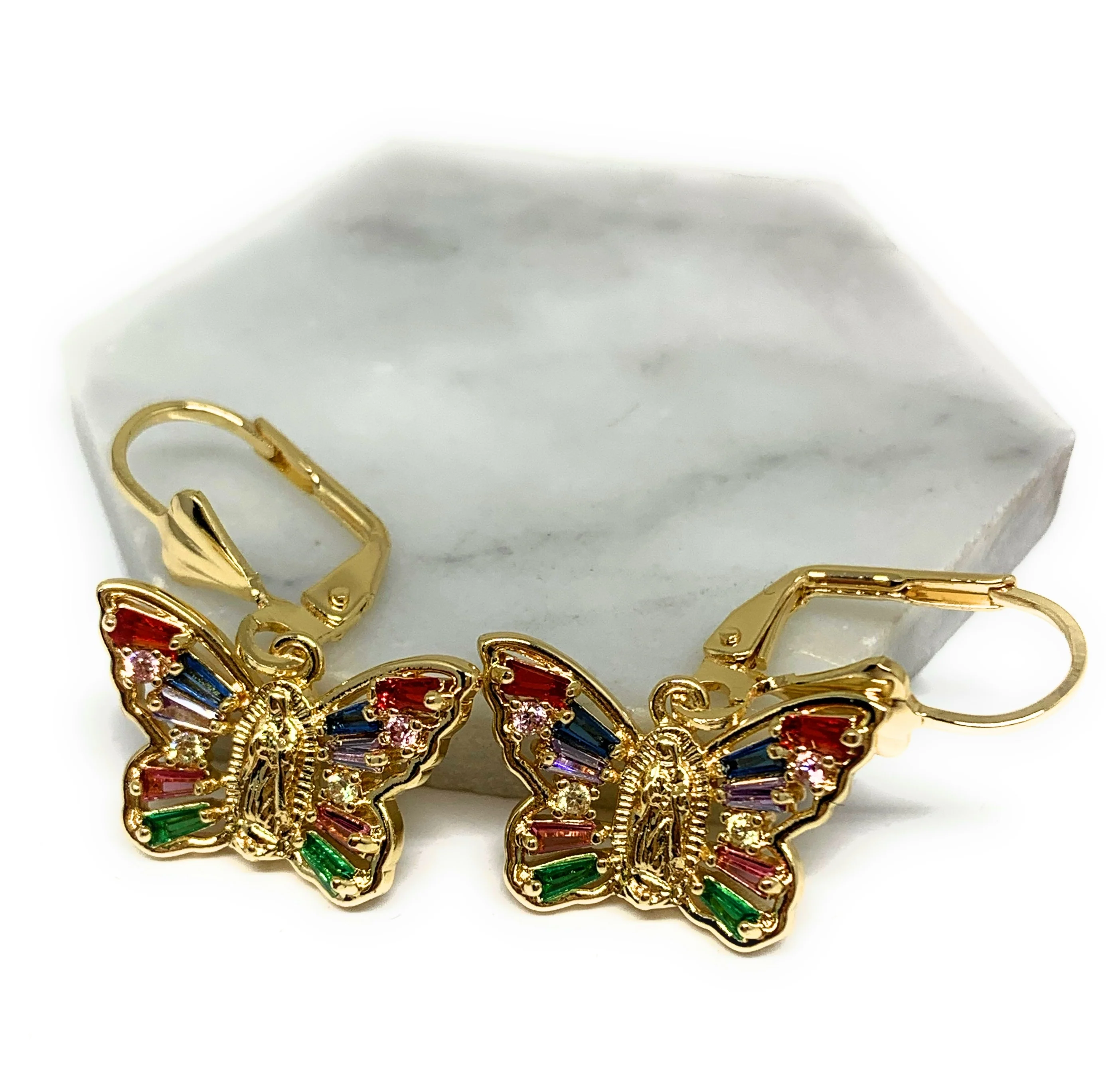 Gold Plated Virgin Mary Butterfly Earrings w/ Stones Aretes Virgen Guadalupe - Image 4