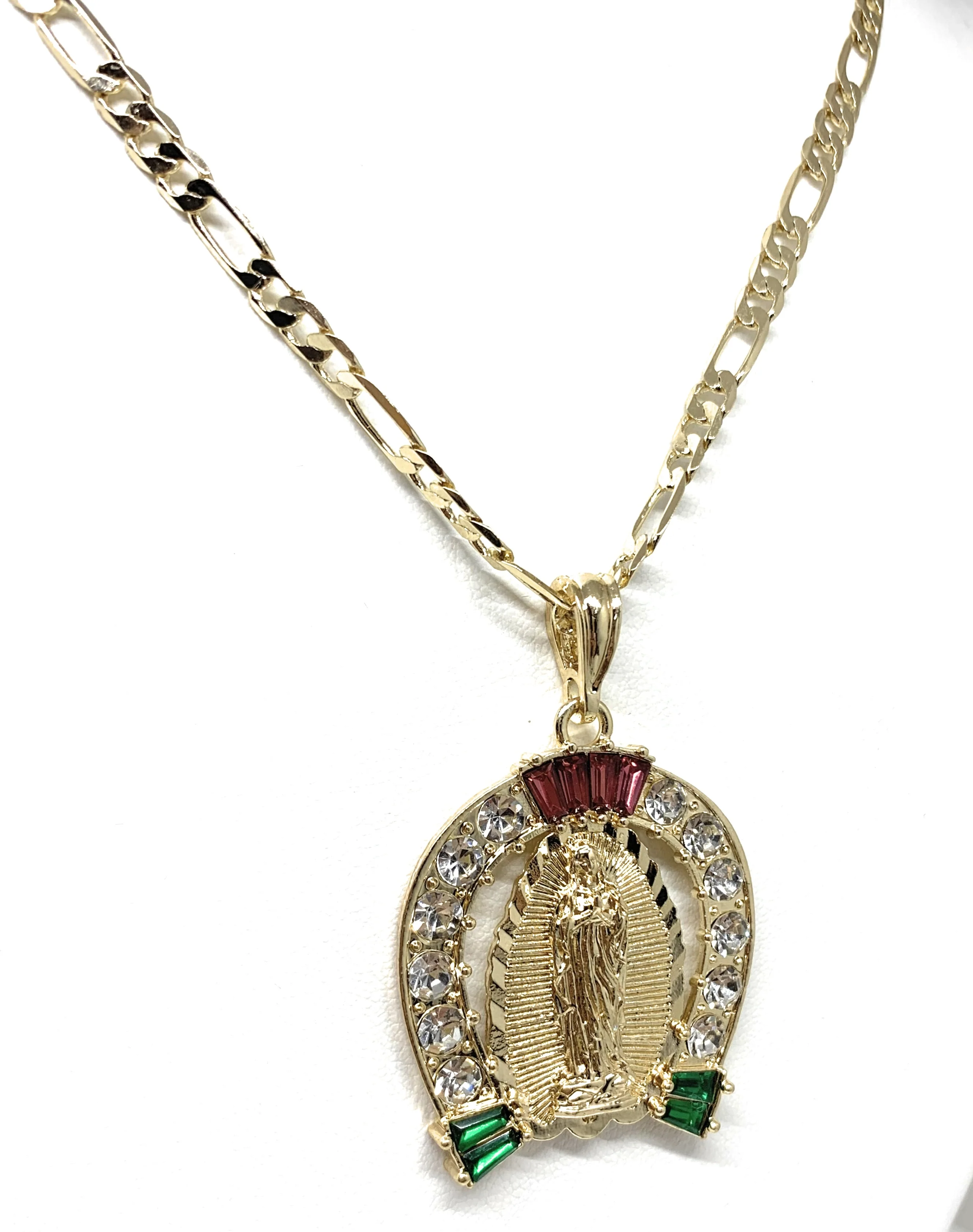 Gold Plated Virgin Mary Colorful CZ Horseshoe Pendant Necklace Figaro 24" Virgen de Guadalupe Medalla Oro Laminado - Image 5