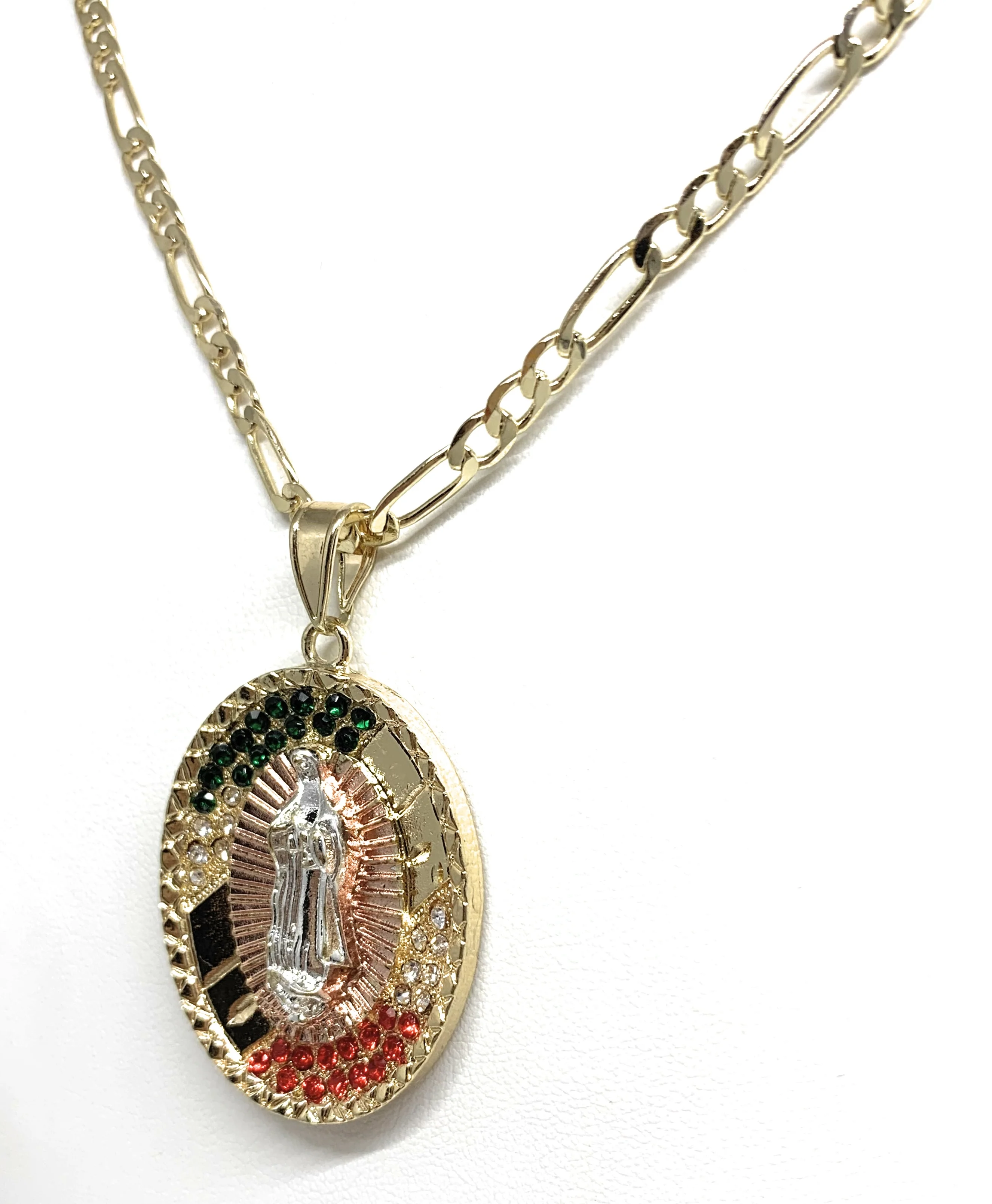 Gold Plated Virgin Mary Colorful CZ Pendant Necklace Figaro 24" Virgen de Guadalupe Medalla Oro Laminado - Image 6