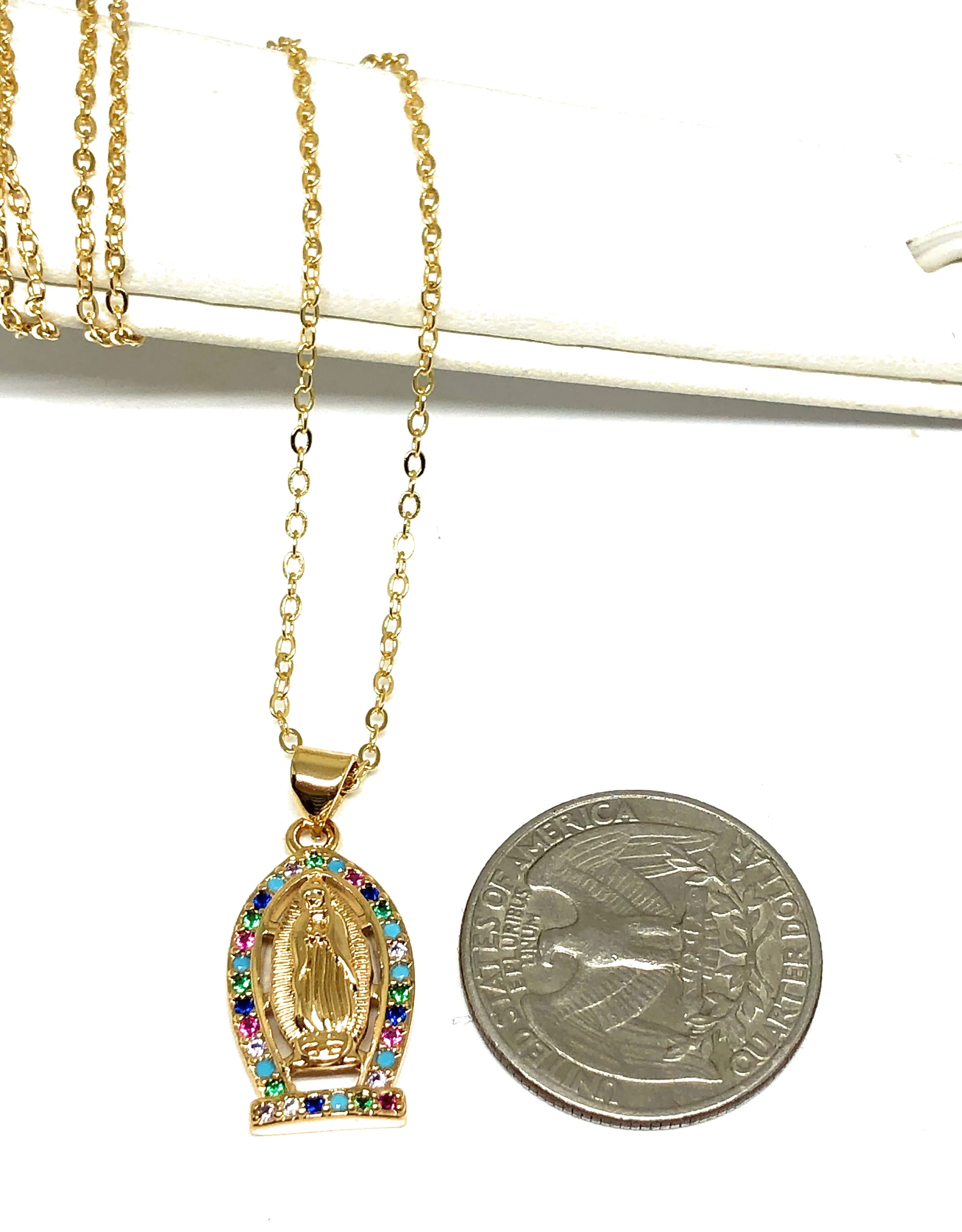 Gold Plated Virgin Mary Colorful Rhinestone Pendant Necklace 20” Virgen de Guadalupe - Image 2