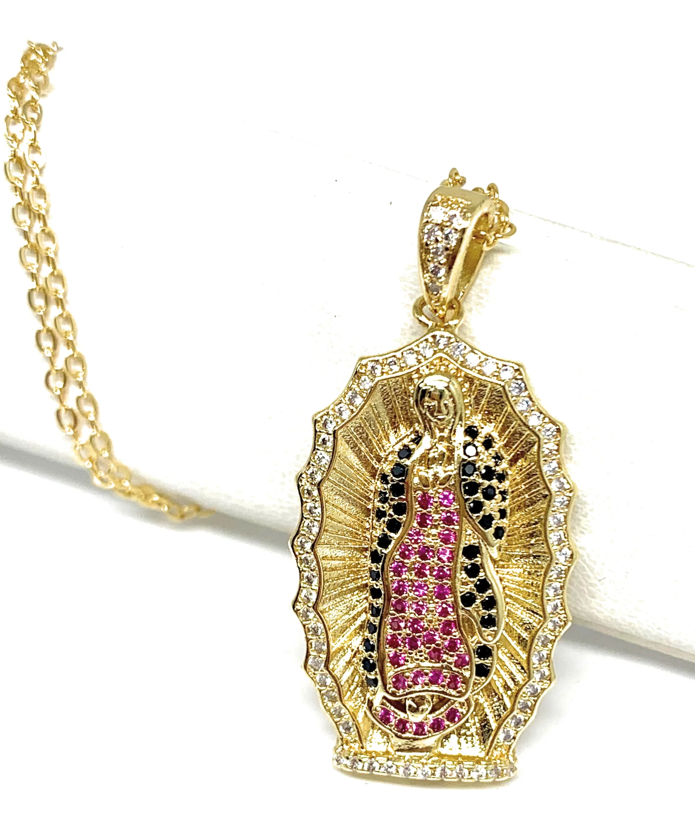 Gold Plated Virgin Mary Colorful Rhinestone Pendant Necklace 20” Virgen de Guadalupe