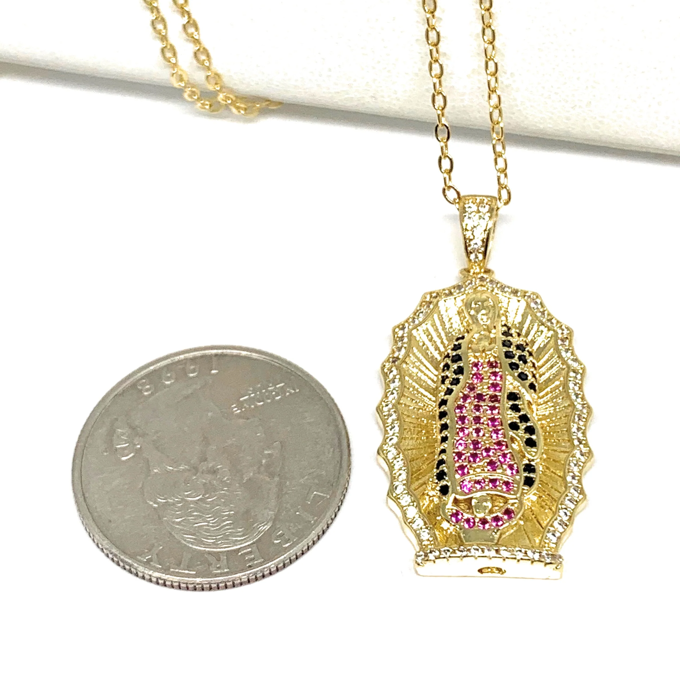 Gold Plated Virgin Mary Colorful Rhinestone Pendant Necklace 20” Virgen de Guadalupe - Image 2
