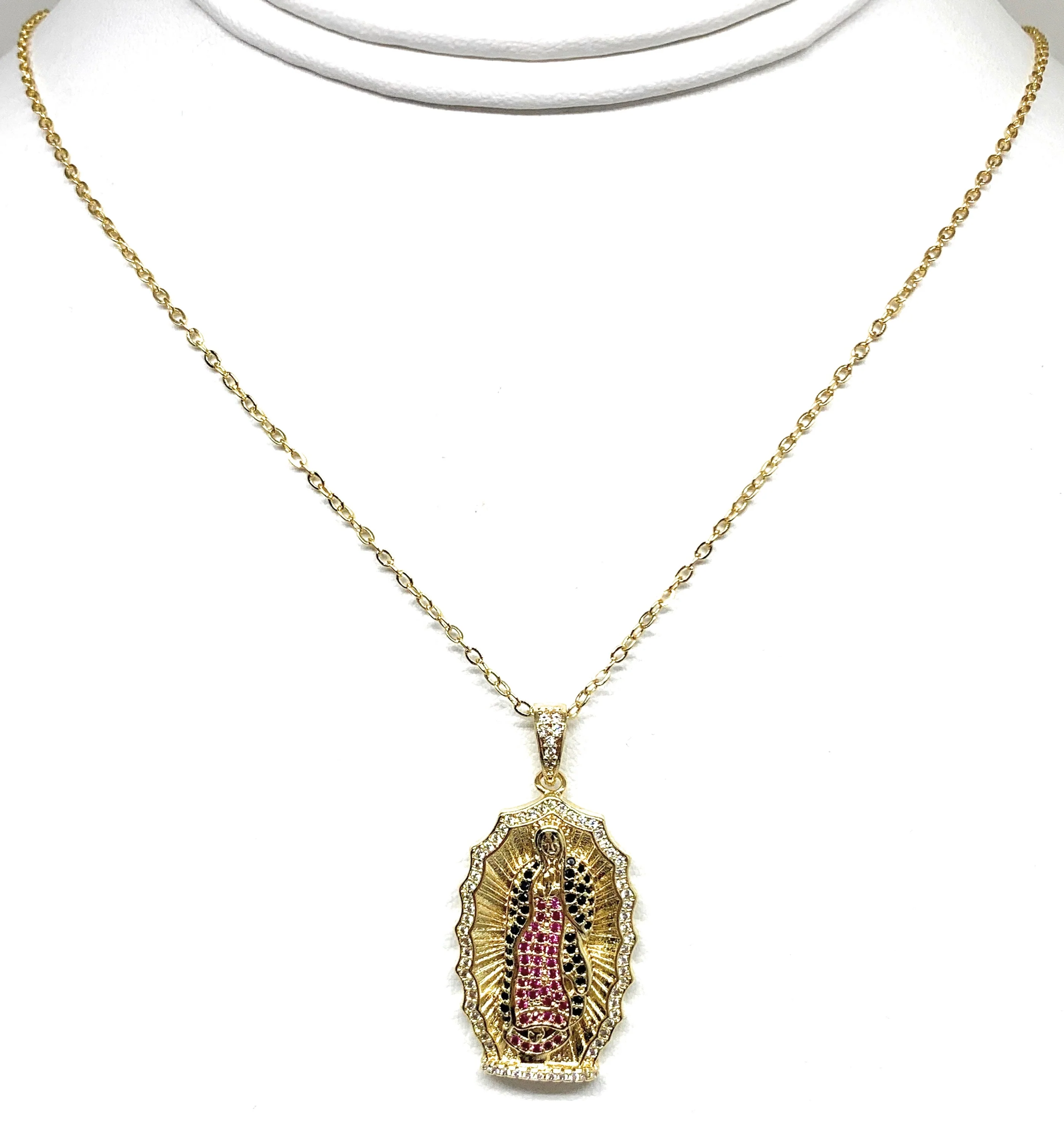 Gold Plated Virgin Mary Colorful Rhinestone Pendant Necklace 20” Virgen de Guadalupe - Image 6