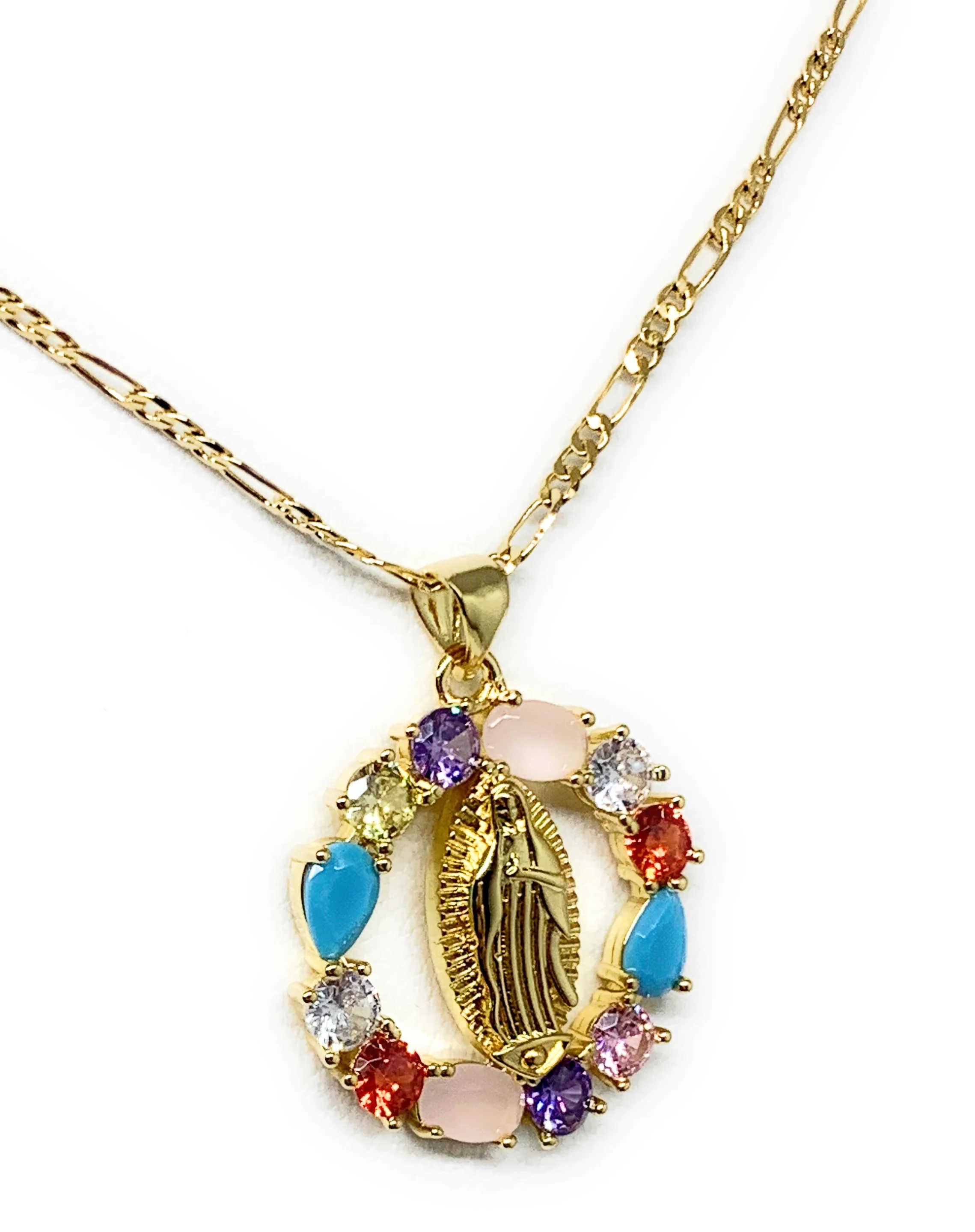Gold Plated Virgin Mary Colorful Rhinestone Round Pendant Necklace 20” Virgen de Guadalupe - Image 5
