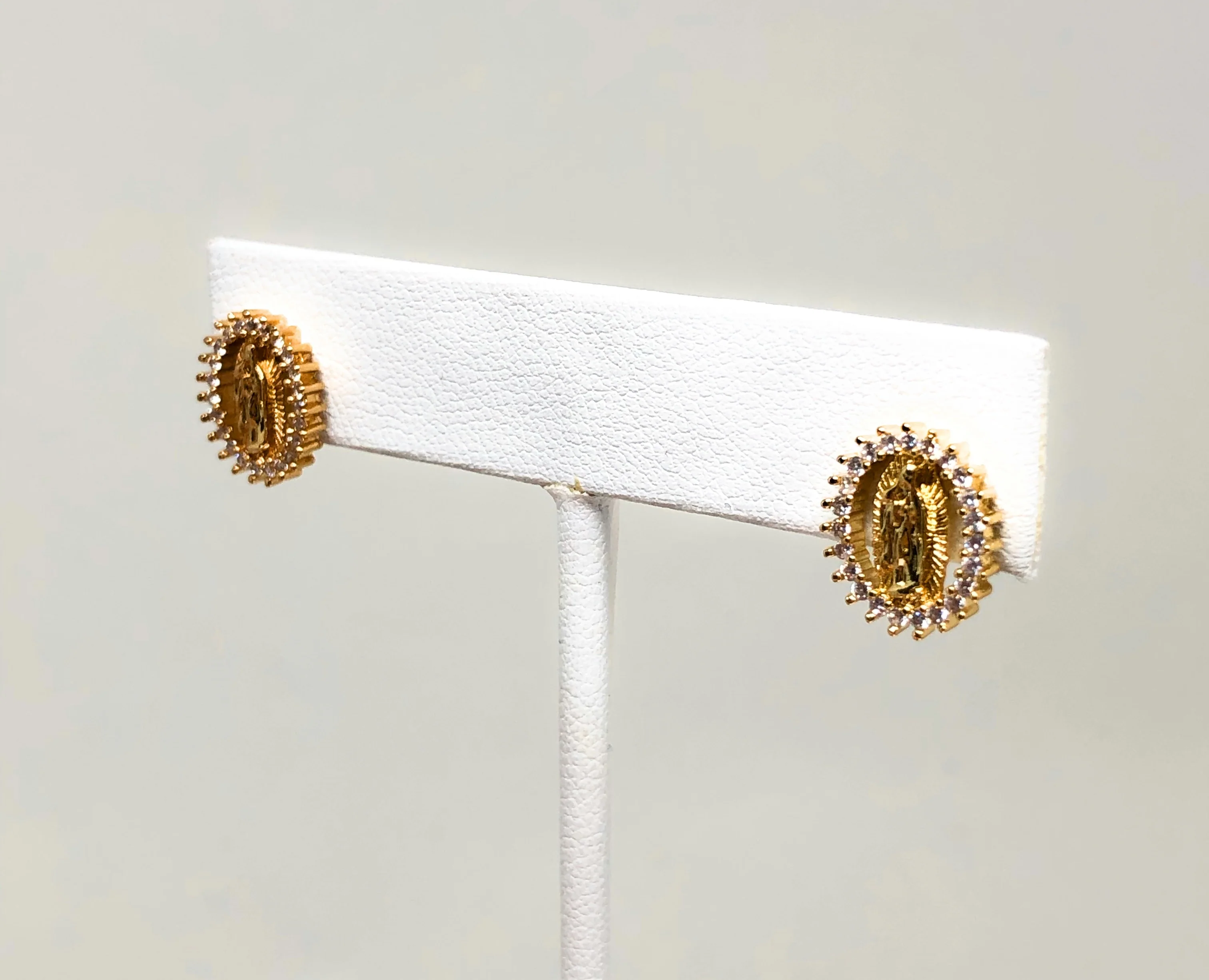 Gold Plated Virgin Mary Earrings w/ Stones Aretes Virgen Guadalupe - Image 6