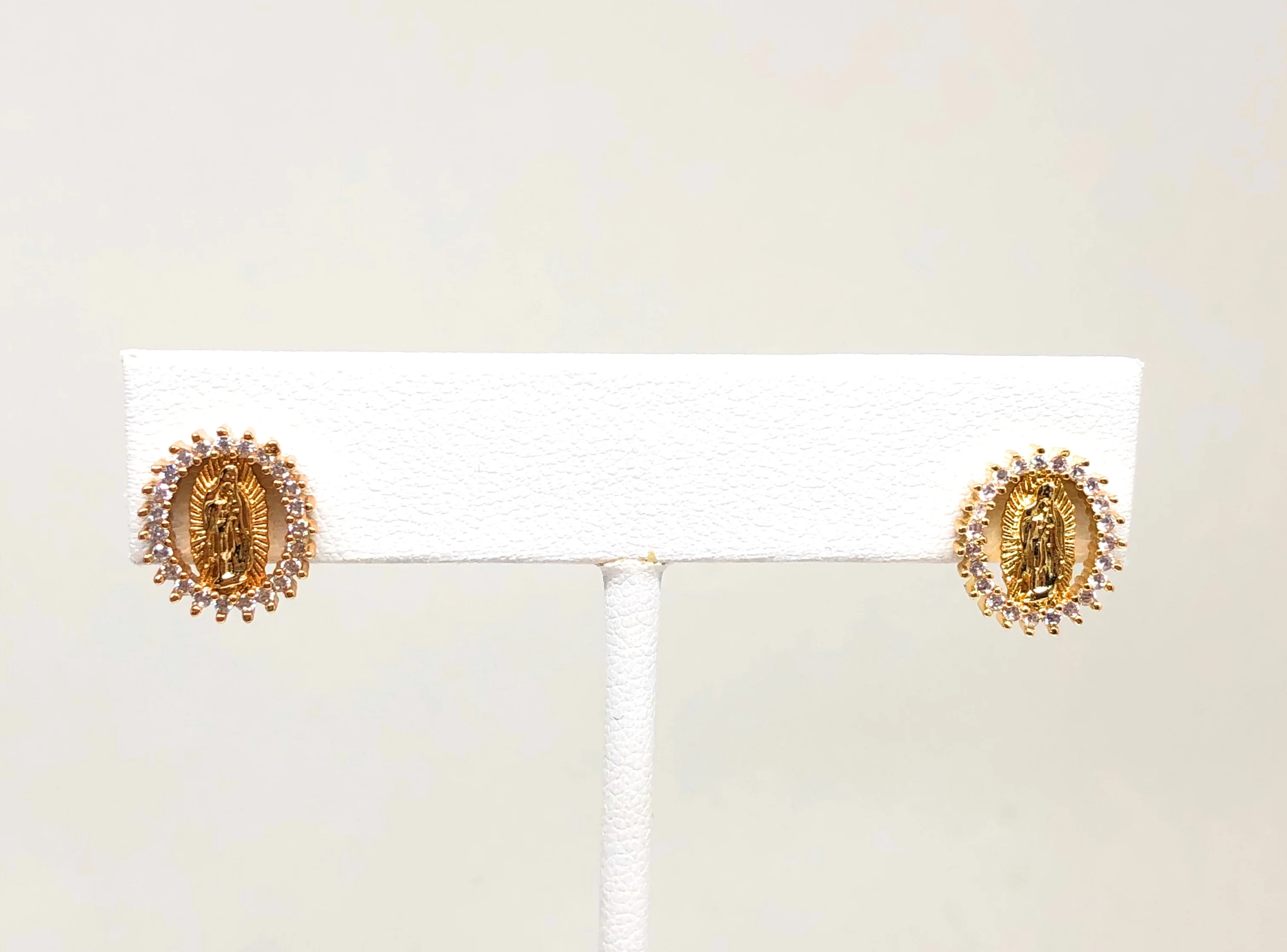 Gold Plated Virgin Mary Earrings w/ Stones Aretes Virgen Guadalupe - Image 7
