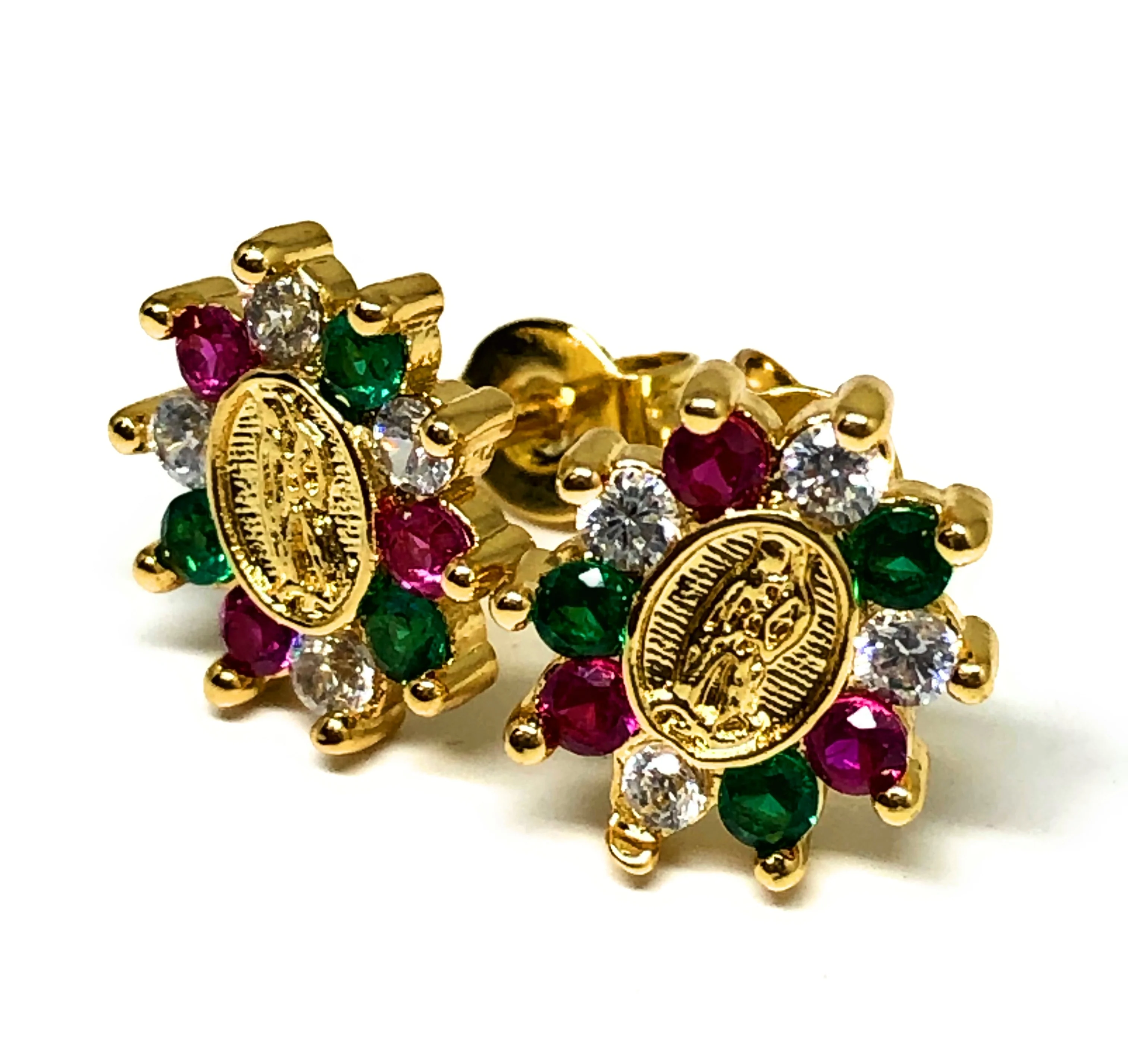 Gold Plated Virgin Mary Earrings w/ Stones Aretes Virgen Guadalupe - Image 2