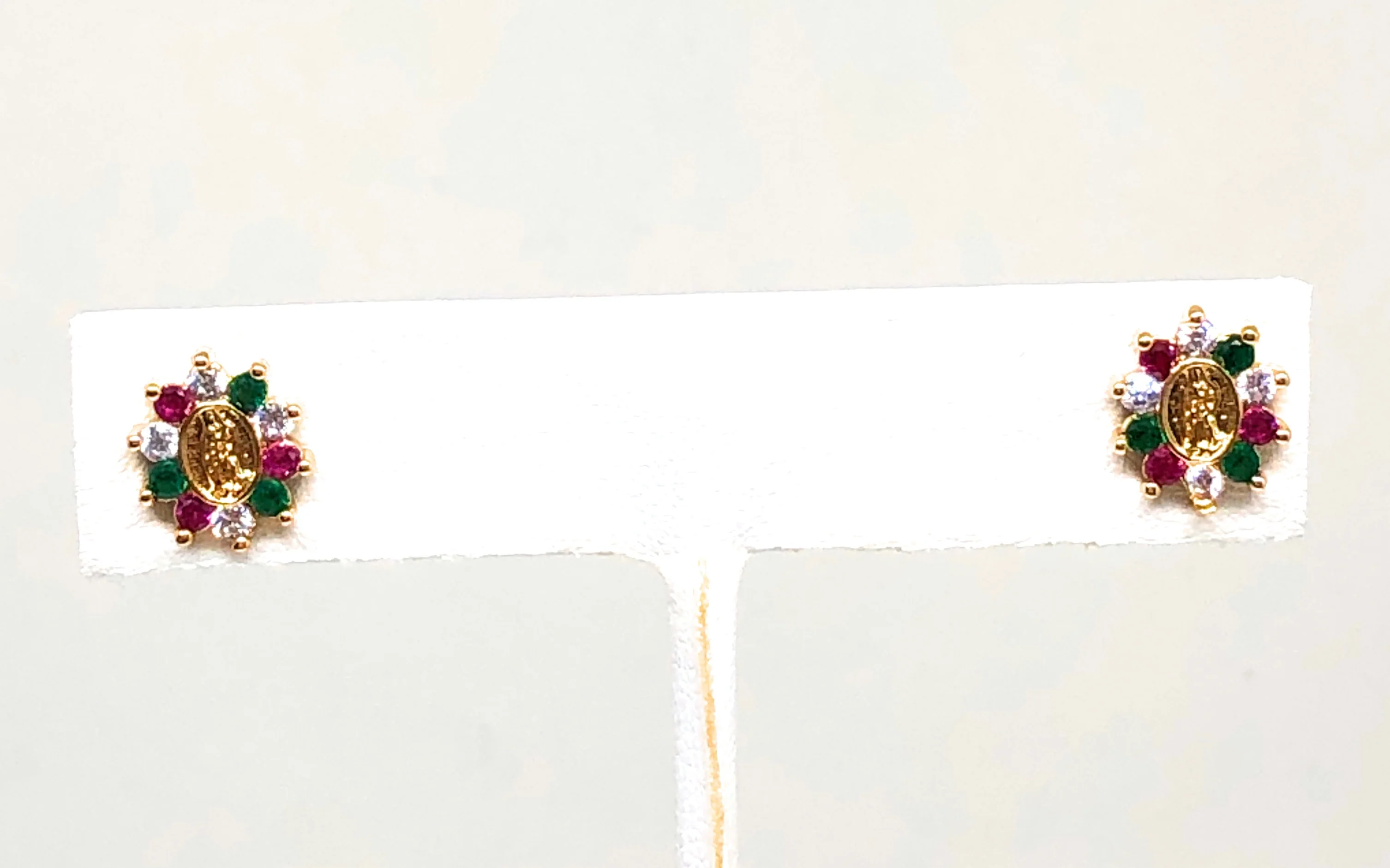 Gold Plated Virgin Mary Earrings w/ Stones Aretes Virgen Guadalupe - Image 3