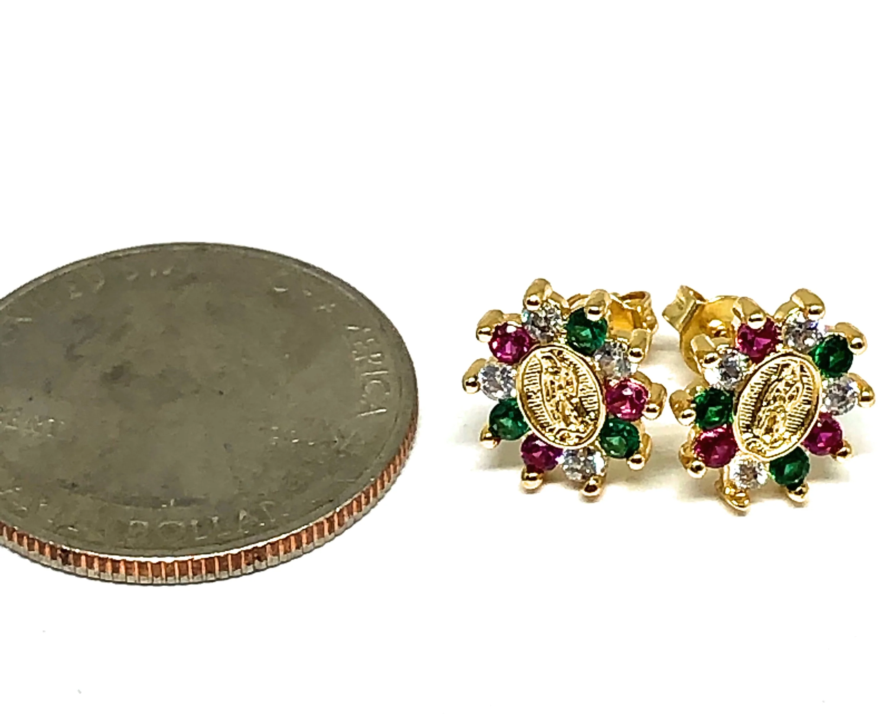 Gold Plated Virgin Mary Earrings w/ Stones Aretes Virgen Guadalupe - Image 4