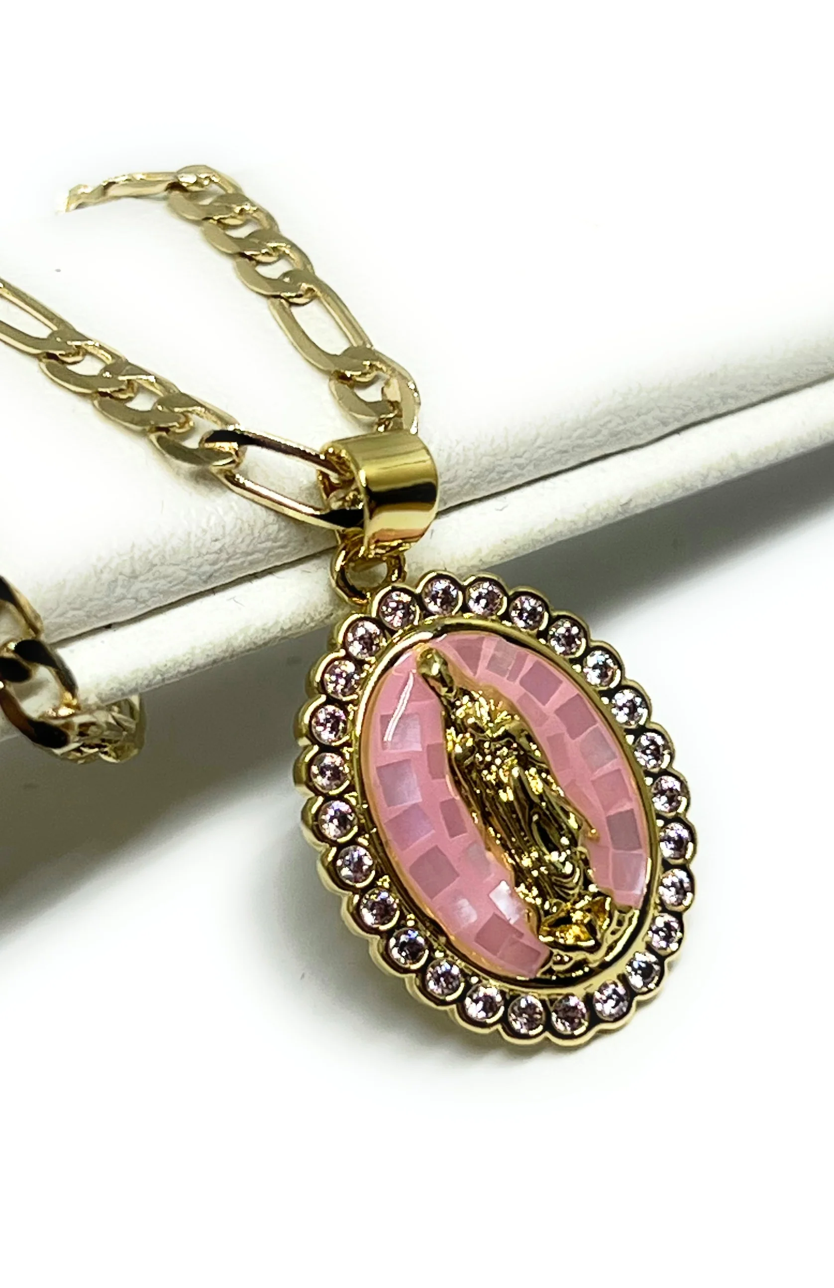 Gold Plated Virgin Mary Enamel Pink CZ Pendant Necklace 24" Virgen Guadalupe Medalla