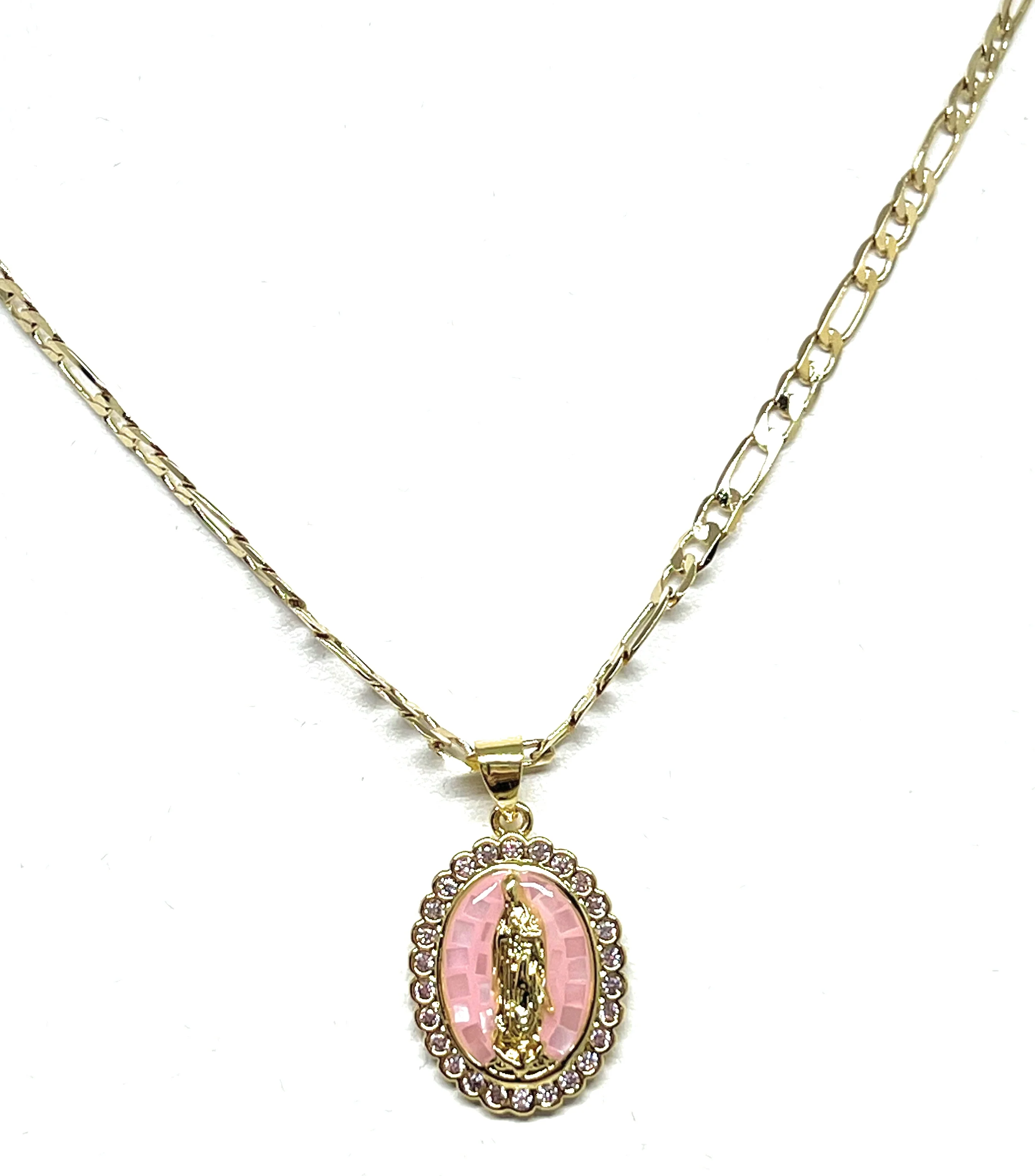 Gold Plated Virgin Mary Enamel Pink CZ Pendant Necklace 24" Virgen Guadalupe Medalla - Image 5