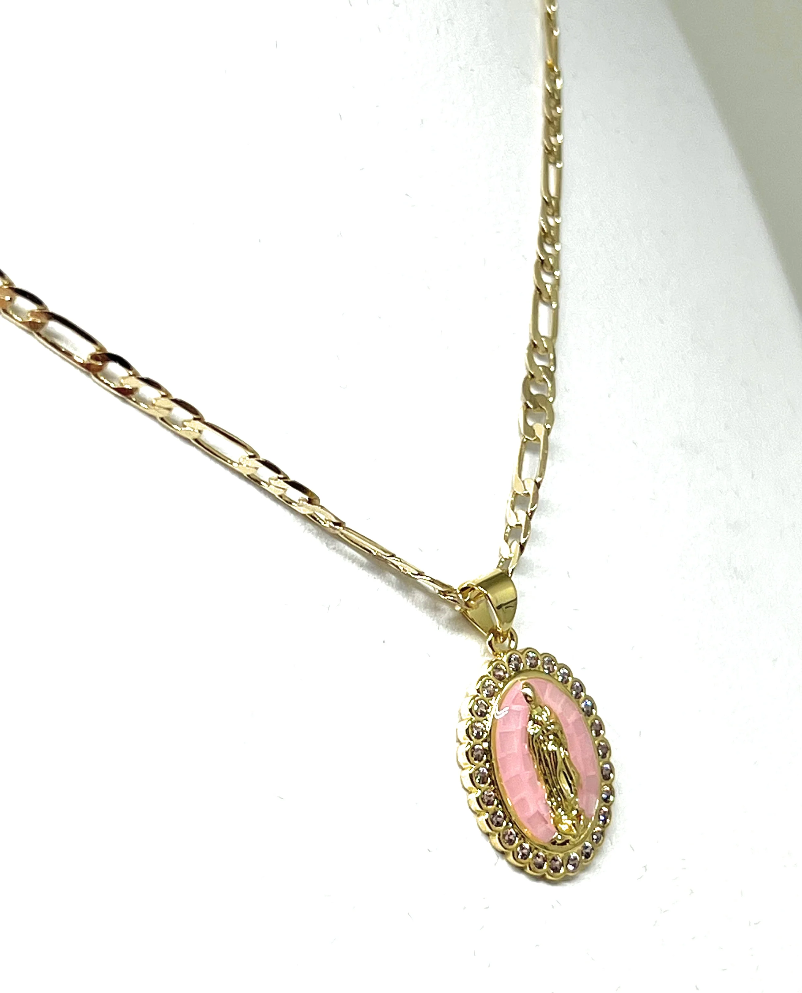 Gold Plated Virgin Mary Enamel Pink CZ Pendant Necklace 24" Virgen Guadalupe Medalla - Image 6