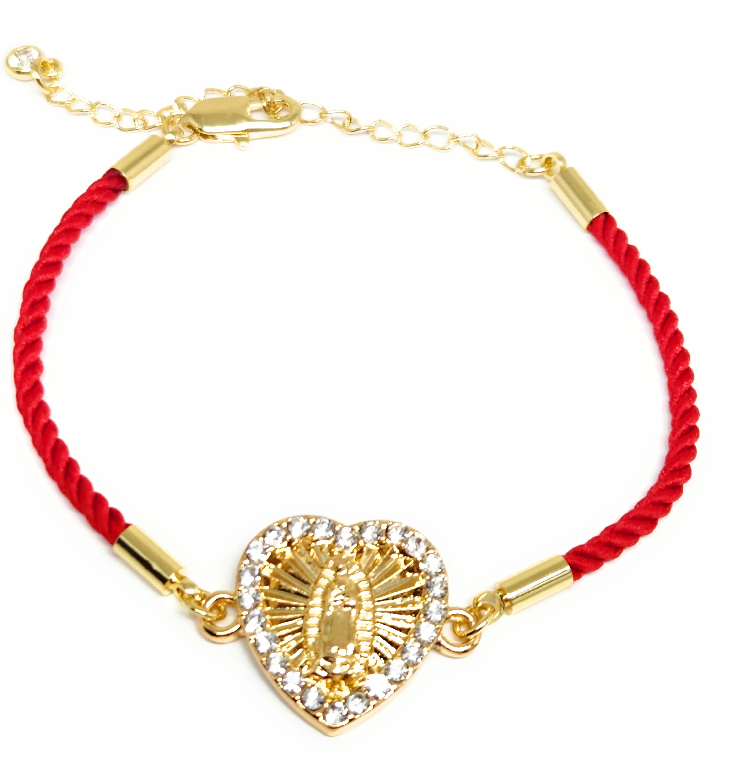 Gold Plated Virgin Mary Heart CZ Bracelet Virgen Guadalupe Pulsera 8" Adjustable - Image 2