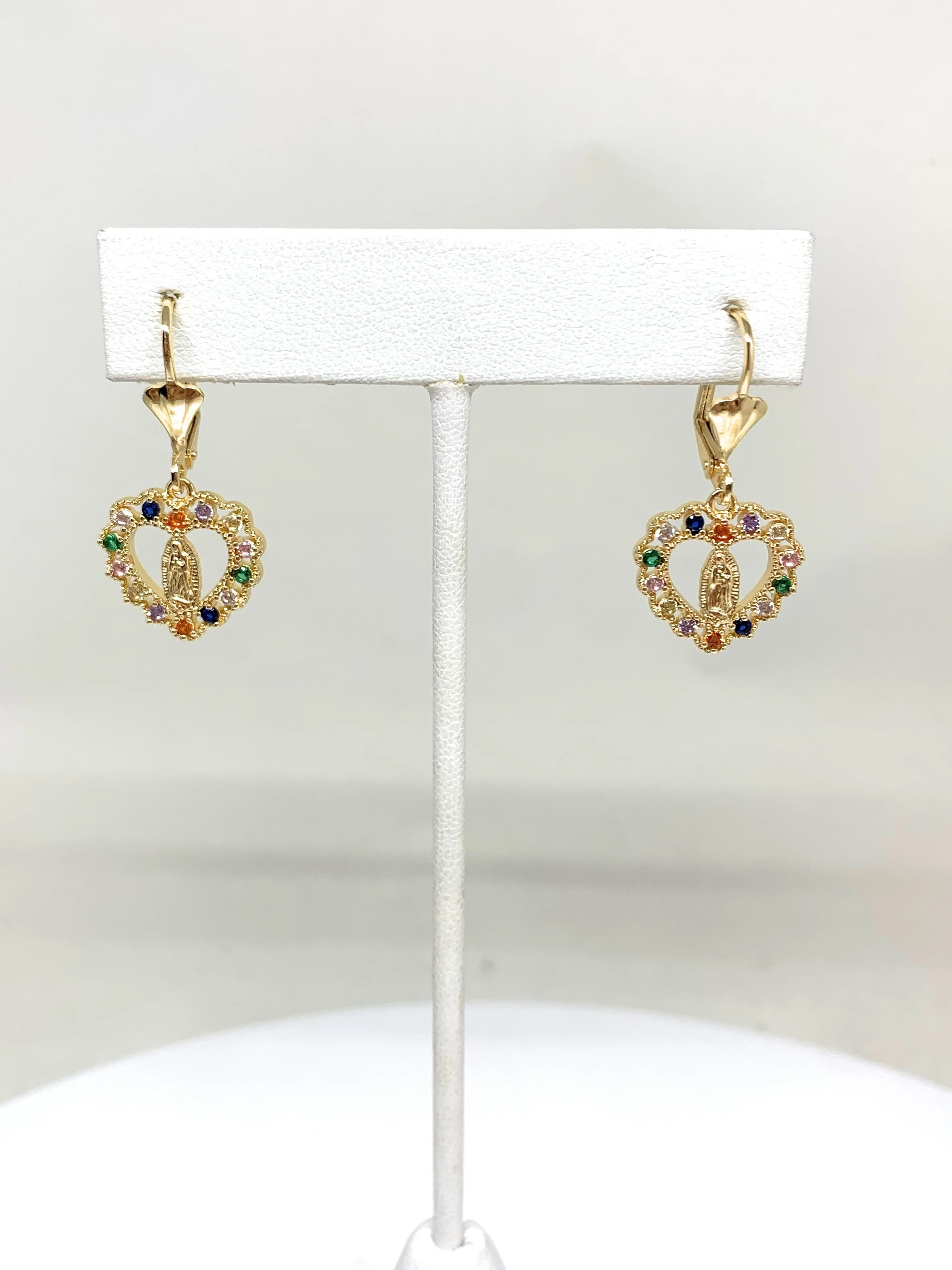 Gold Plated Virgin Mary Heart Earrings w/ Stones Aretes Virgen Guadalupe - Image 2