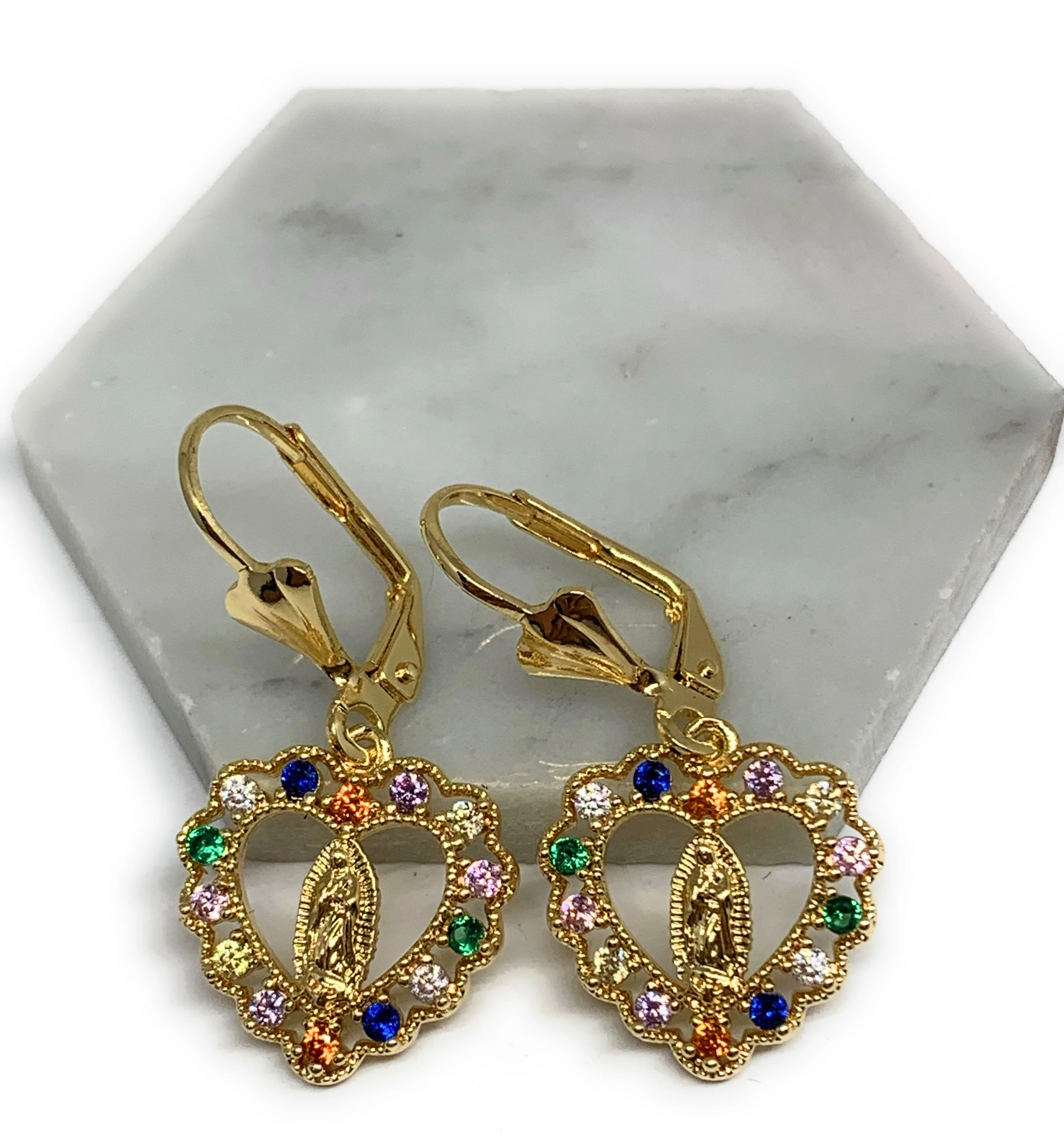 Gold Plated Virgin Mary Heart Earrings w/ Stones Aretes Virgen Guadalupe - Image 3