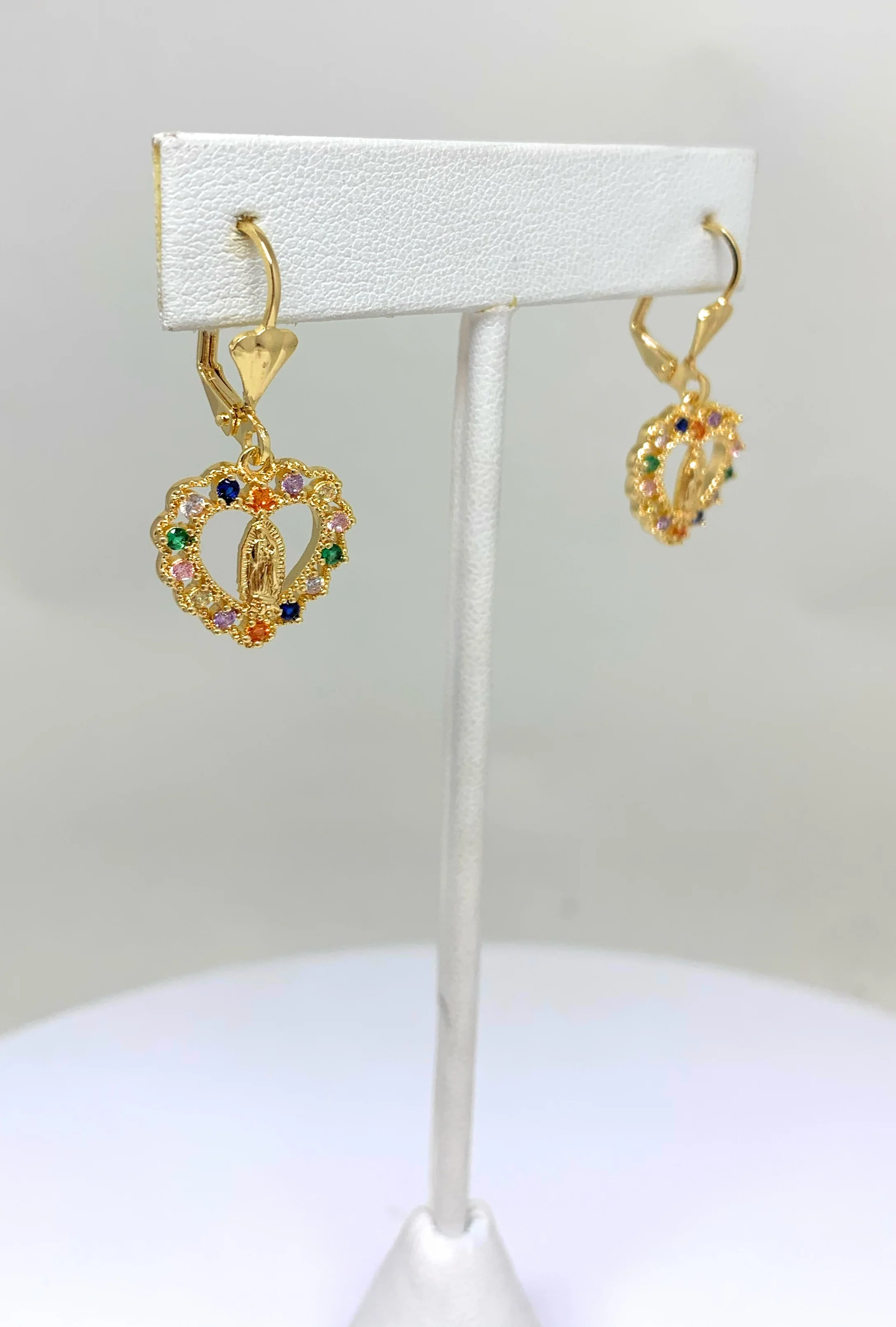 Gold Plated Virgin Mary Heart Earrings w/ Stones Aretes Virgen Guadalupe - Image 4