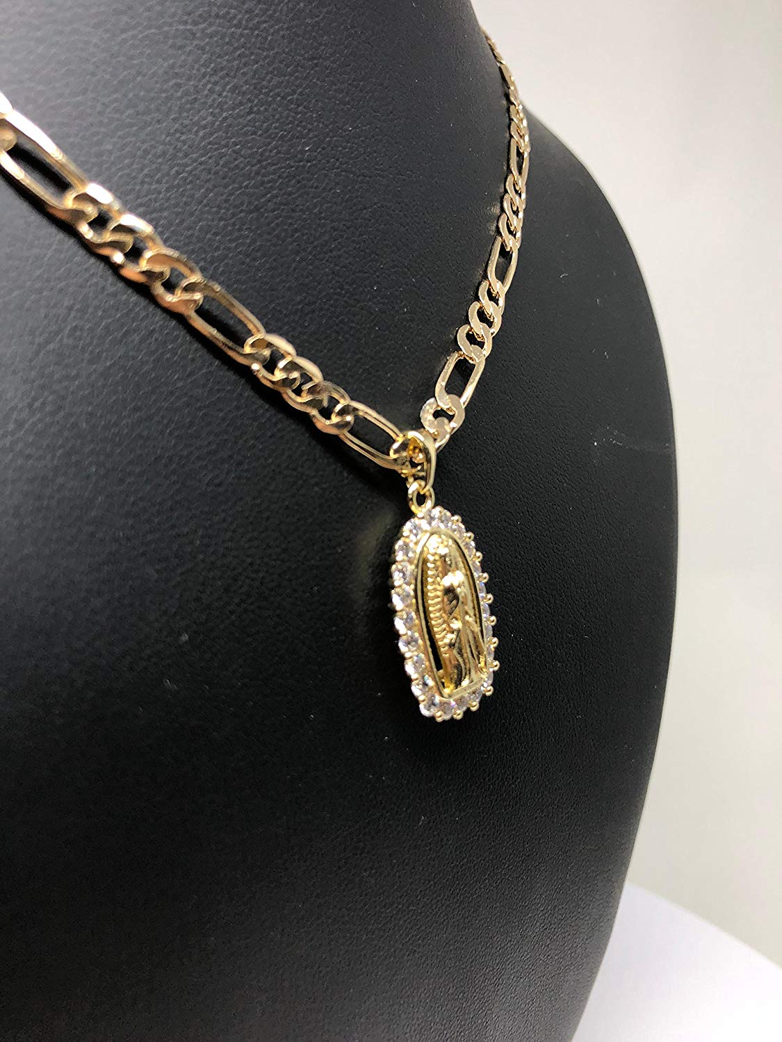 Gold Plated Virgin Mary Pendant Necklace Figaro 24" Chain Virgen de Guadalupe Medalla Piedras Blancas Oro - Image 8